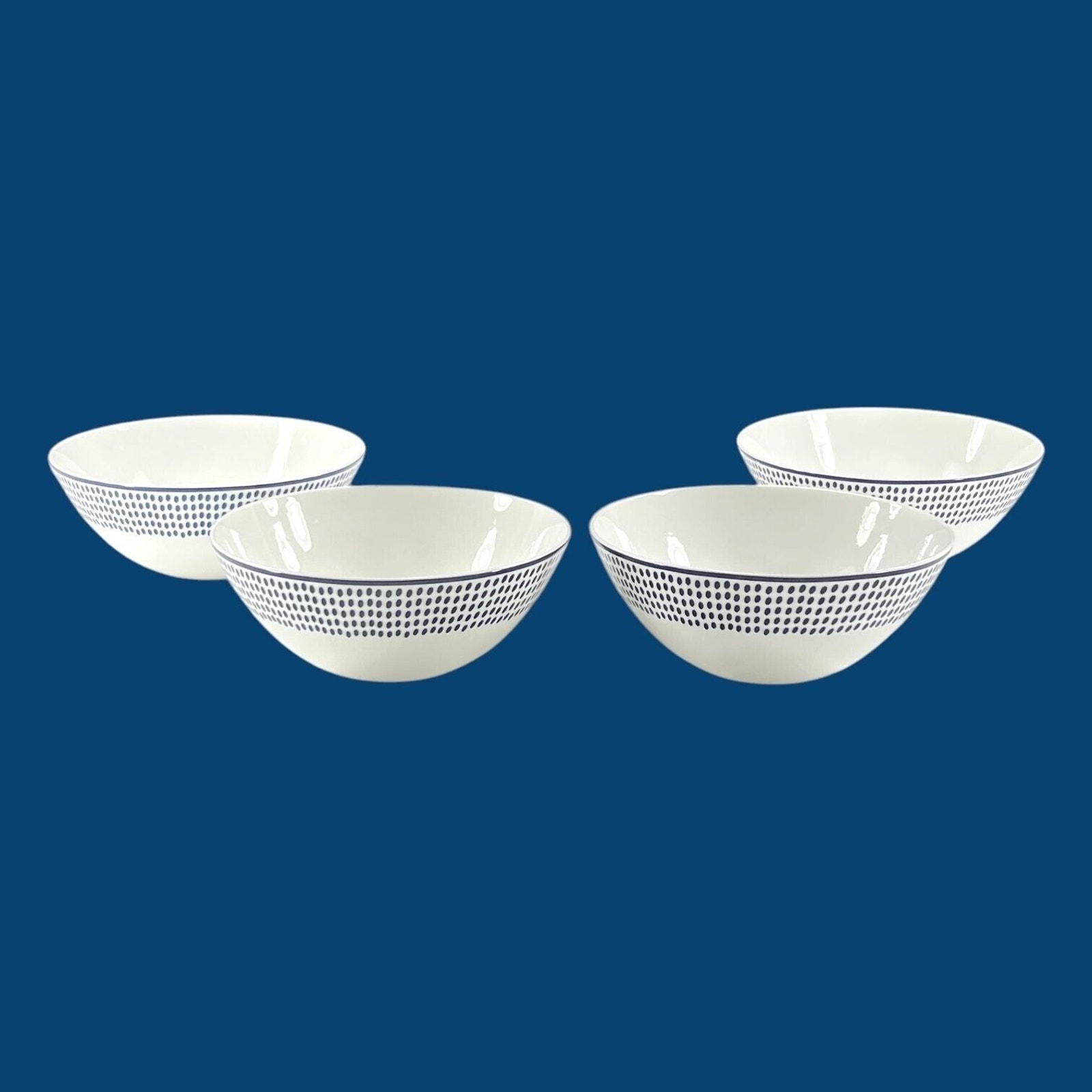 Cynthia Rowley Bowls Navy Blue Dashes on White Bone China (4) 6 3/4 x 2 3/4