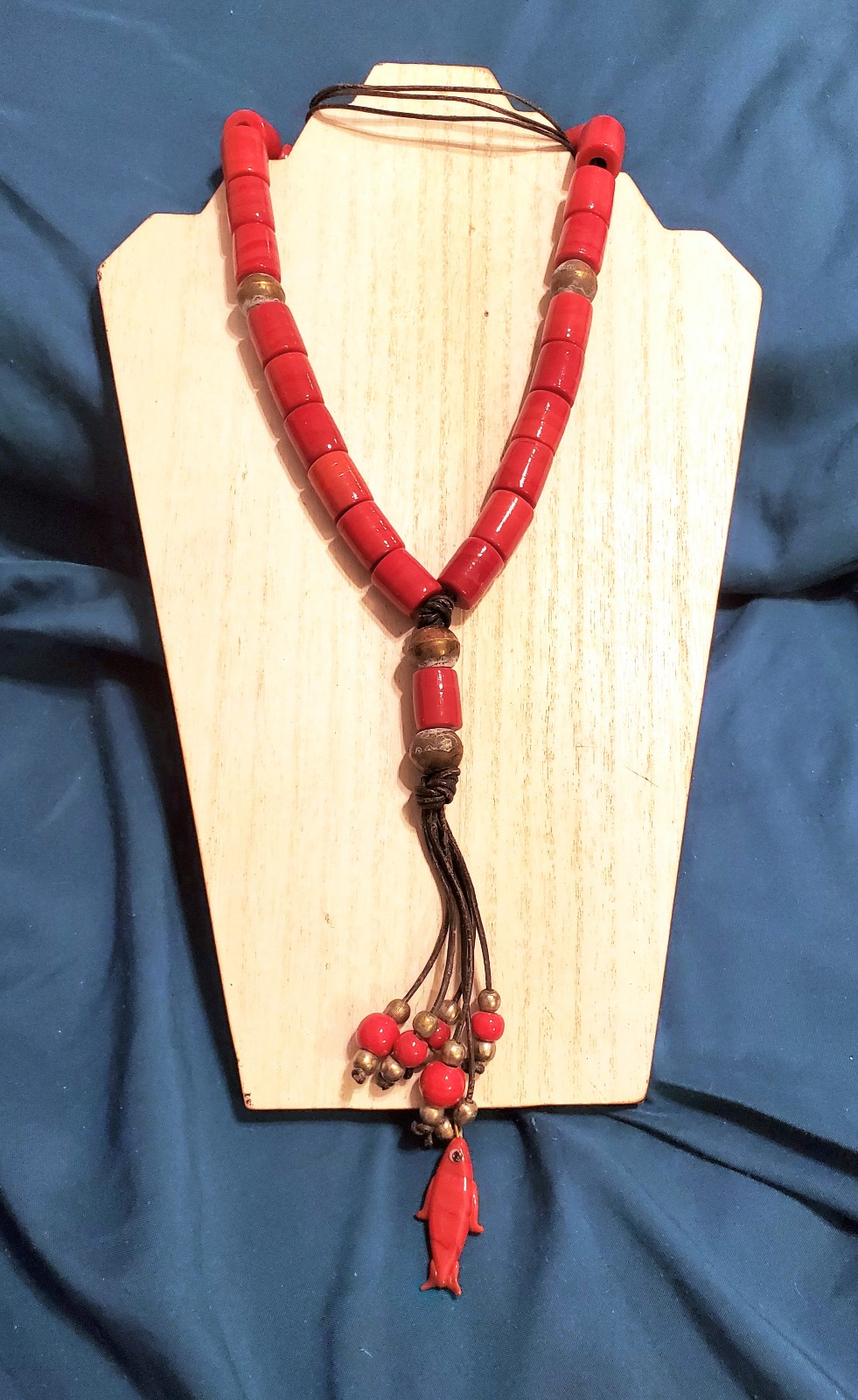 Antique Handcrafted Red Fused Glass & Leather Fish Tassel Tribal Necklace