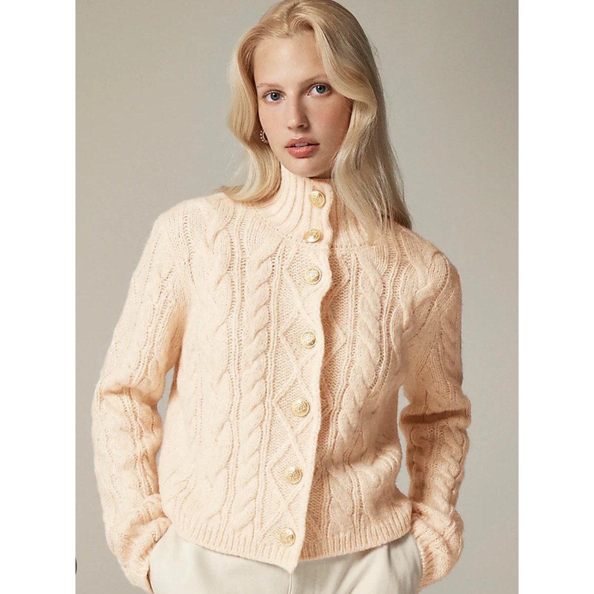 J. Crew Cable-knit turtleneck cardigan Heather Natural Medium