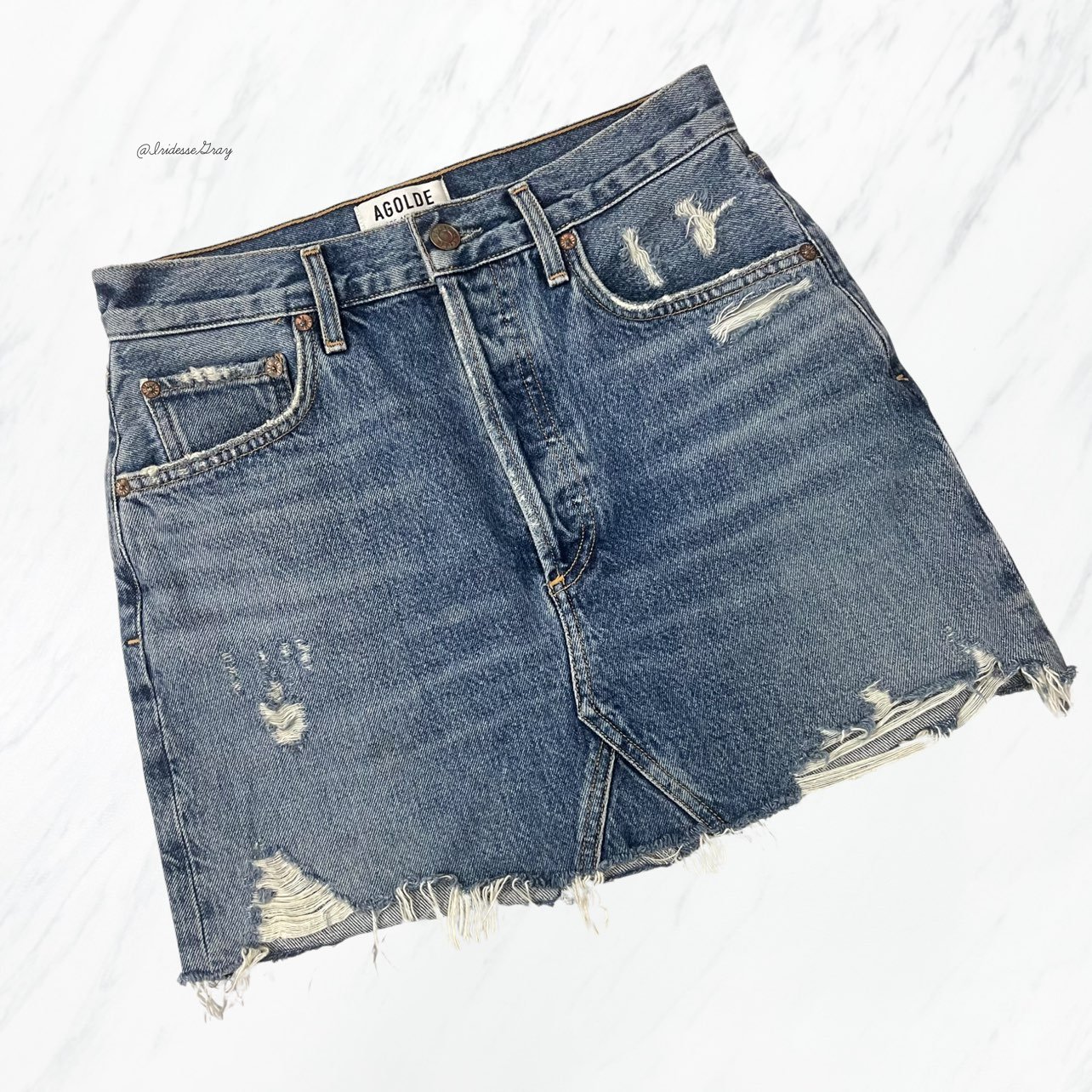 Agolde- Quinn High Rise Denim Raw Edged Skirt Size 25.