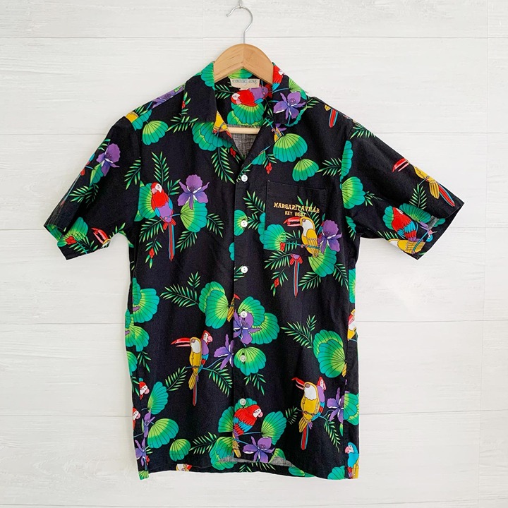 Vintage Comfort Zone Margaritaville Key West Black parrot cotton button up, S