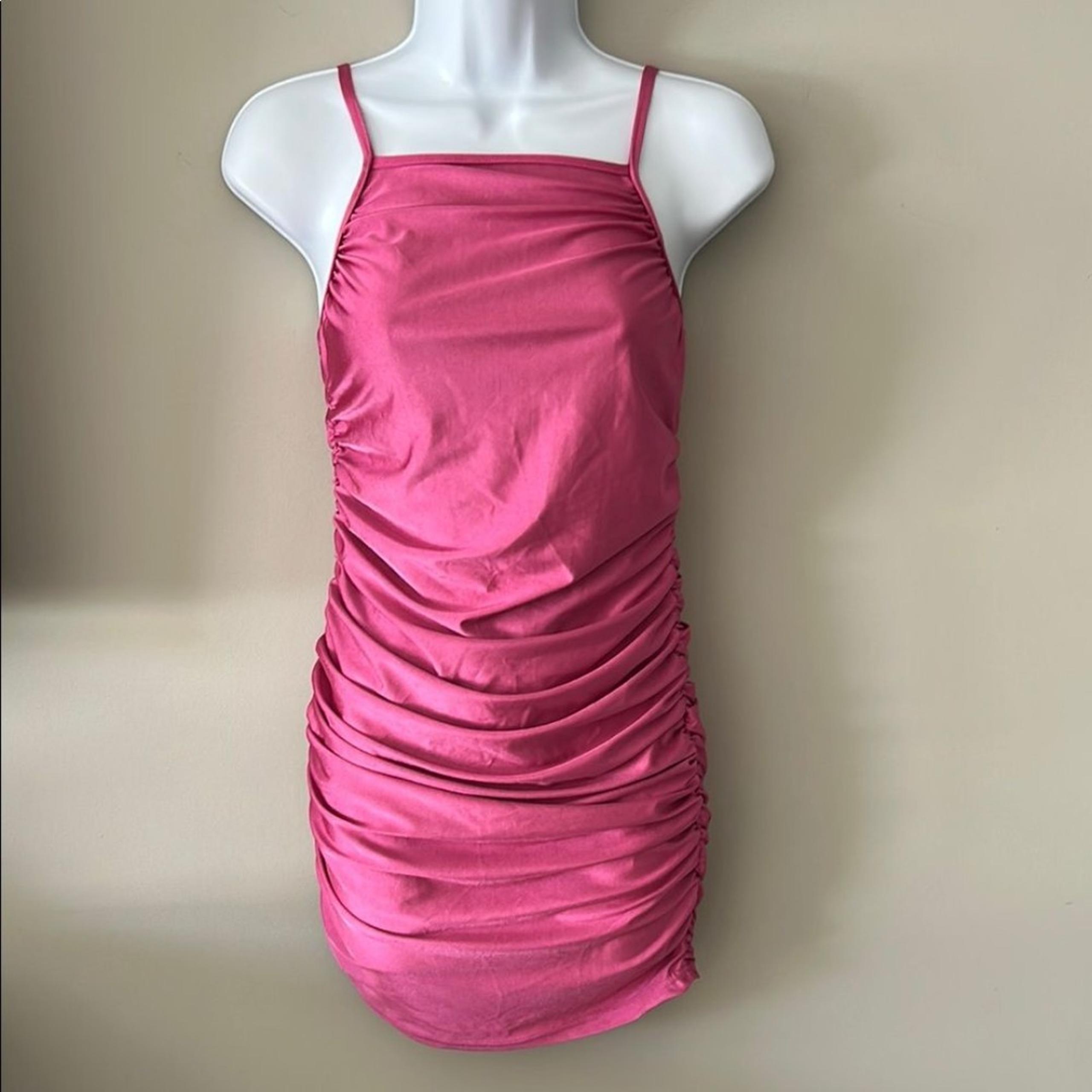 SHEIN Women's Pink Adj. Spaghetti Strap Back Zip Ruched Mini Dress Size Medium