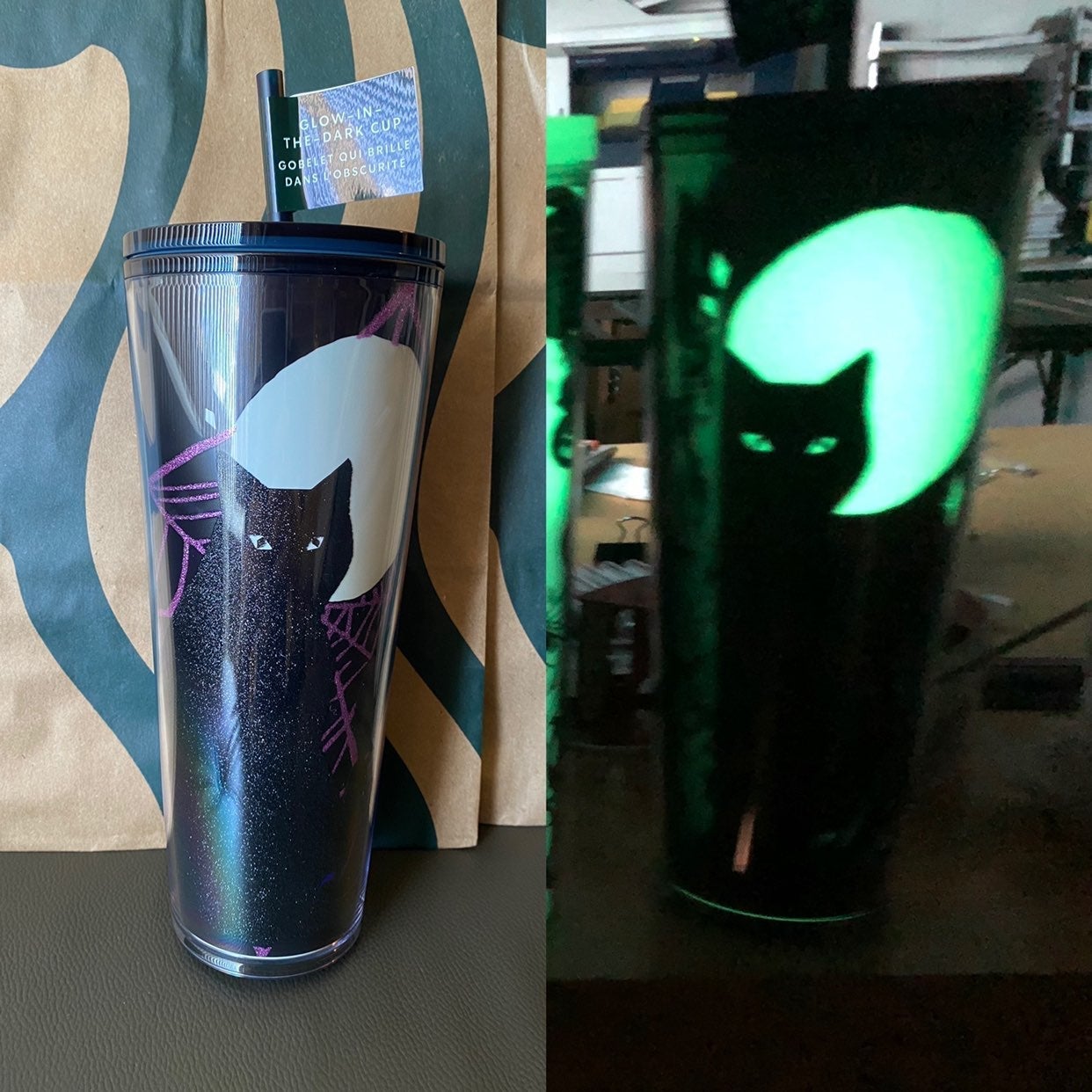 Starbucks Halloween Glow in the Dark Glitter Cat w/moon - Venti