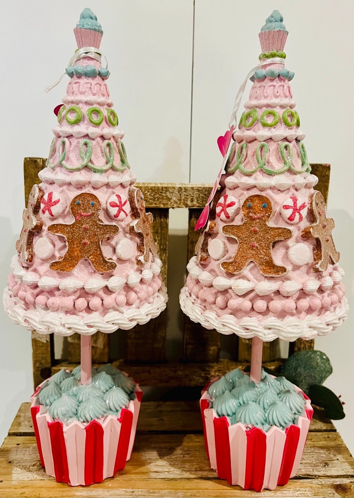 New Peppermint Square Pink Pastel Gingerbread Man Trees Set Of 2
