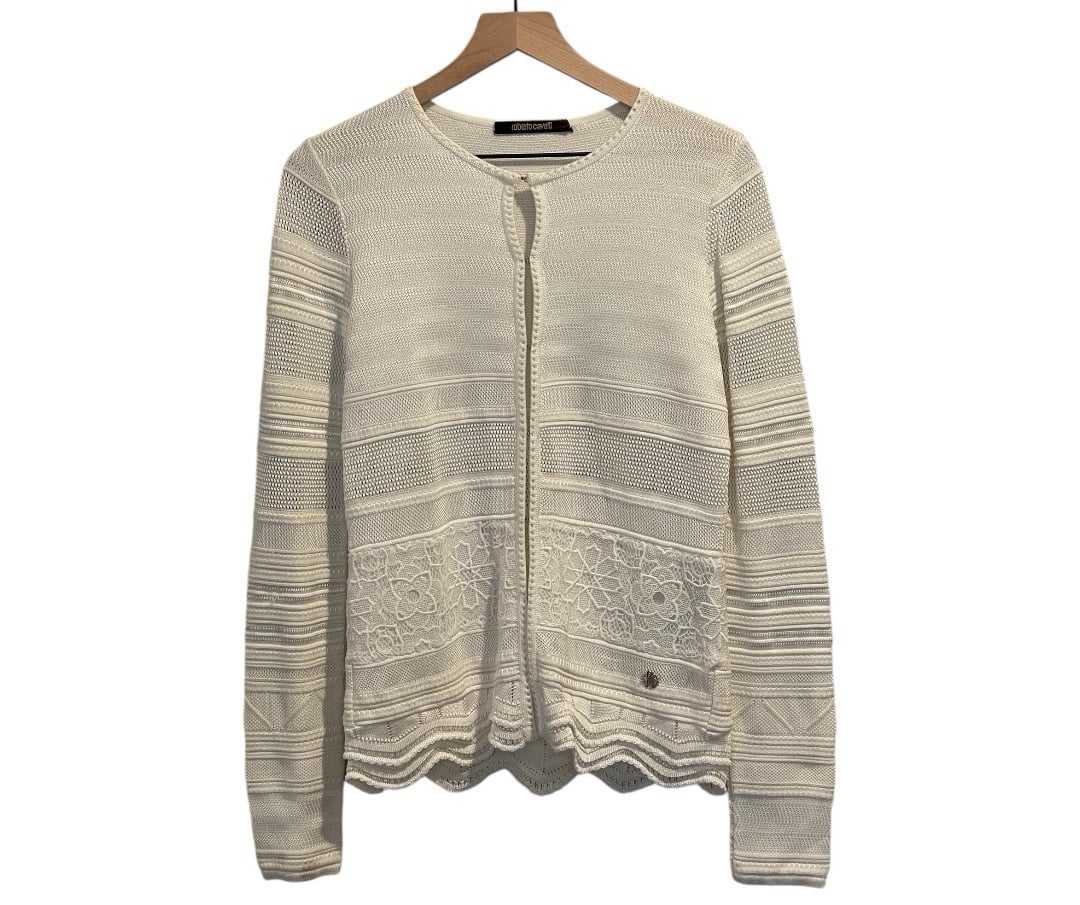 Roberto Cavalli White Embroidered/Lace Cardigan Sweater,Sz. 42, US M, Feminine