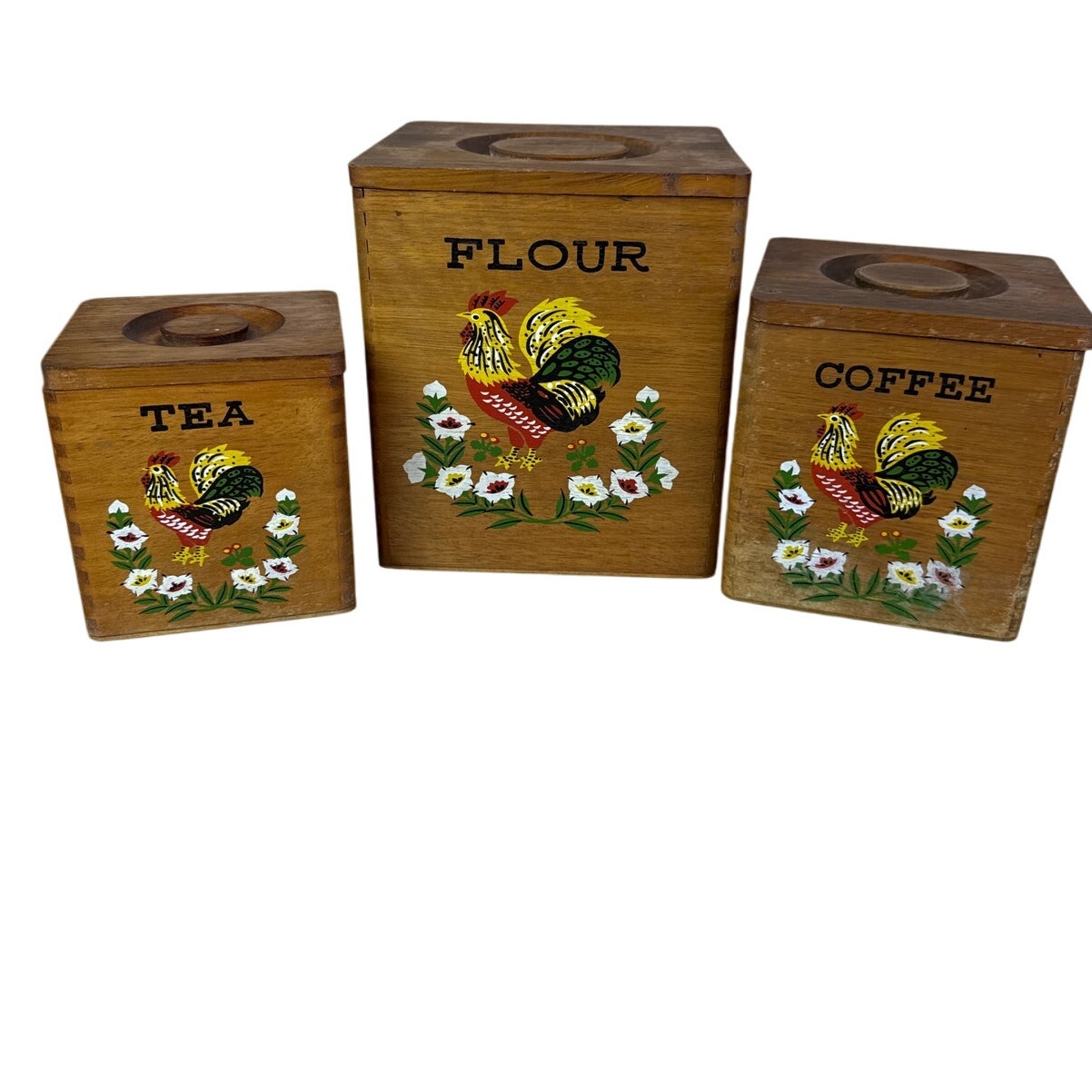 Vintage Rooster Wooden Kitchen Canisters Stackable Dovetail Nesting set of 3