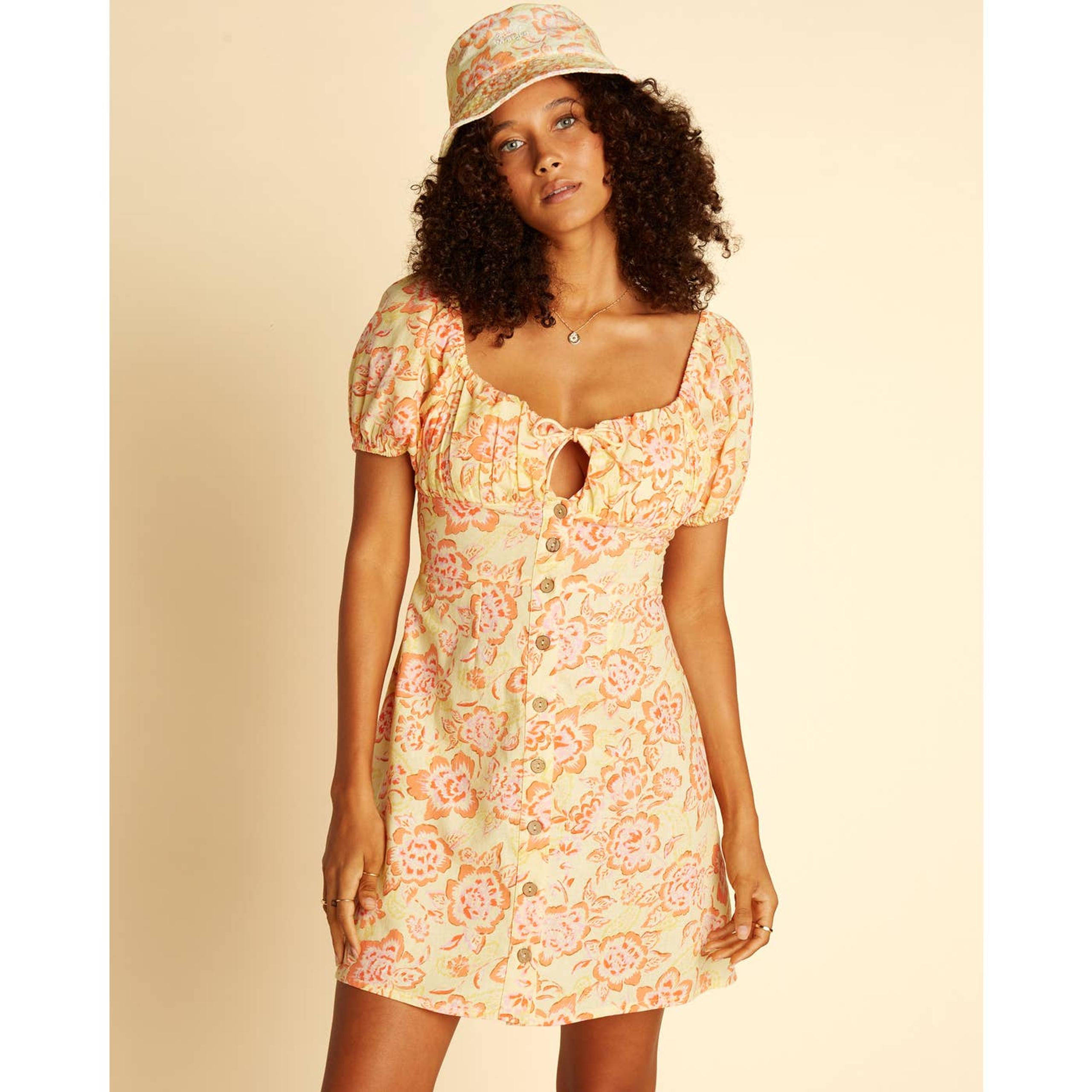 Billabong Wrangler Women's M Mini Dress Yellow Orange Far & Away Floral NWT DF8