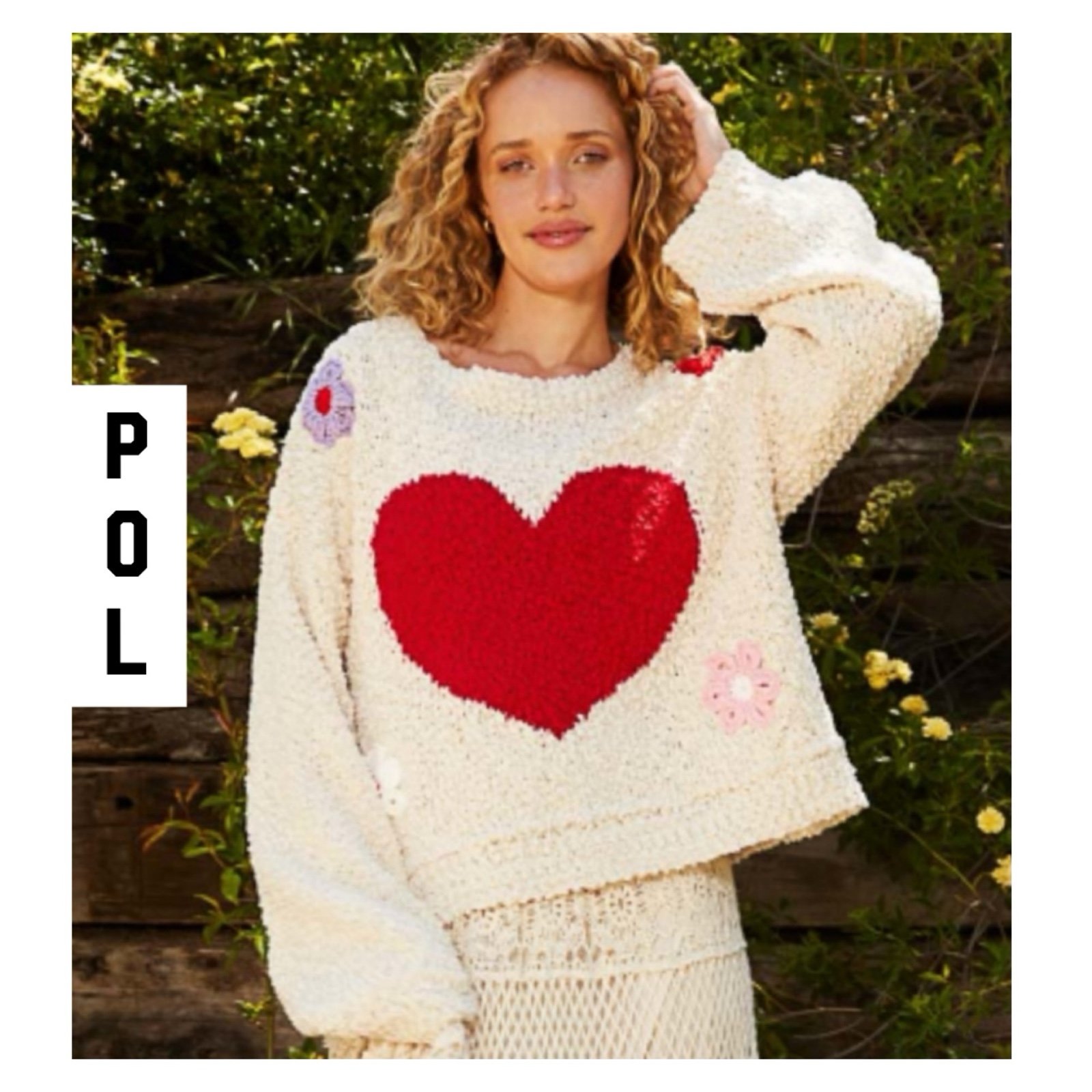 New POL Embroidered Heart Sweater, Balloon Sleeves