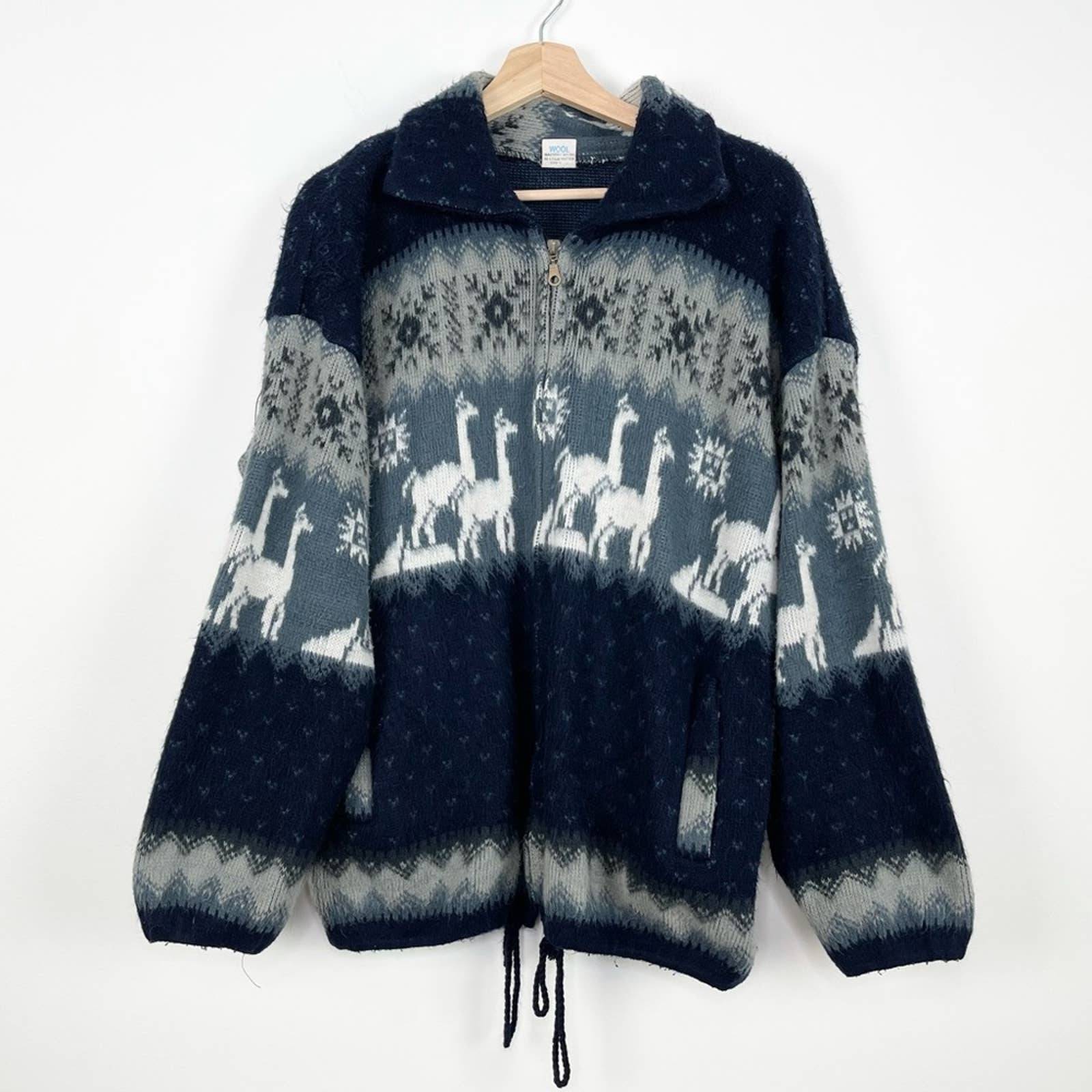 VINTAGE Yari Artesanias Alpaca Wool Llama Zip-Up Sweater Jacket | Large | Blue