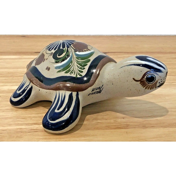 VINTAGE TONALA STONEWARE POTTERY TURTLE HAND PAINTED SIGNED MEXICO ACEM