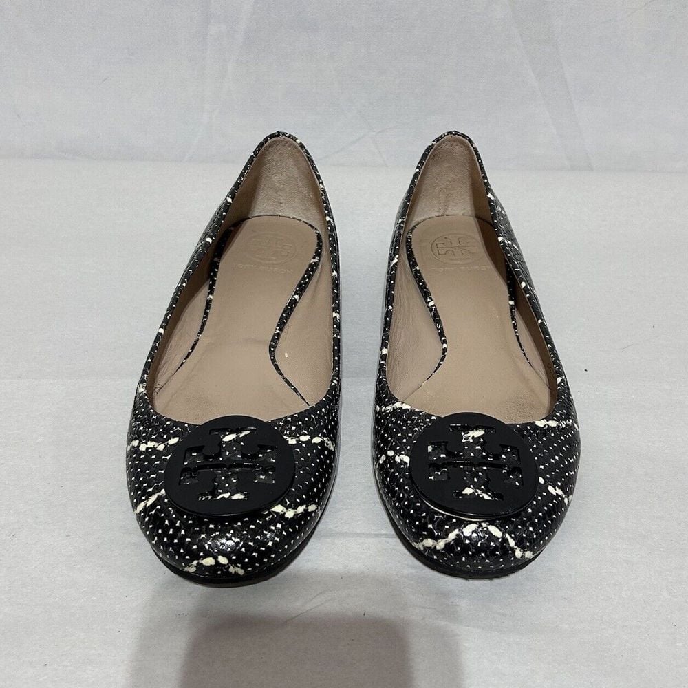 Tory Burch Women's Reva Ballet Flats Mojave Snake Print Leather Slip-On Black 7M