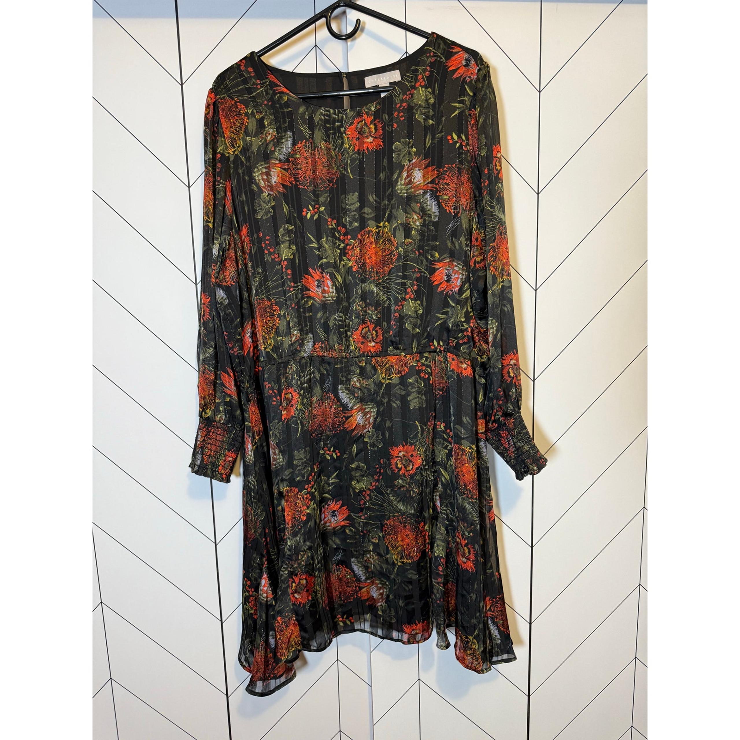 Chelsea 28 Womens Plus 3X Black Red Floral Long Sleeve Fit and Flare Mini Dress