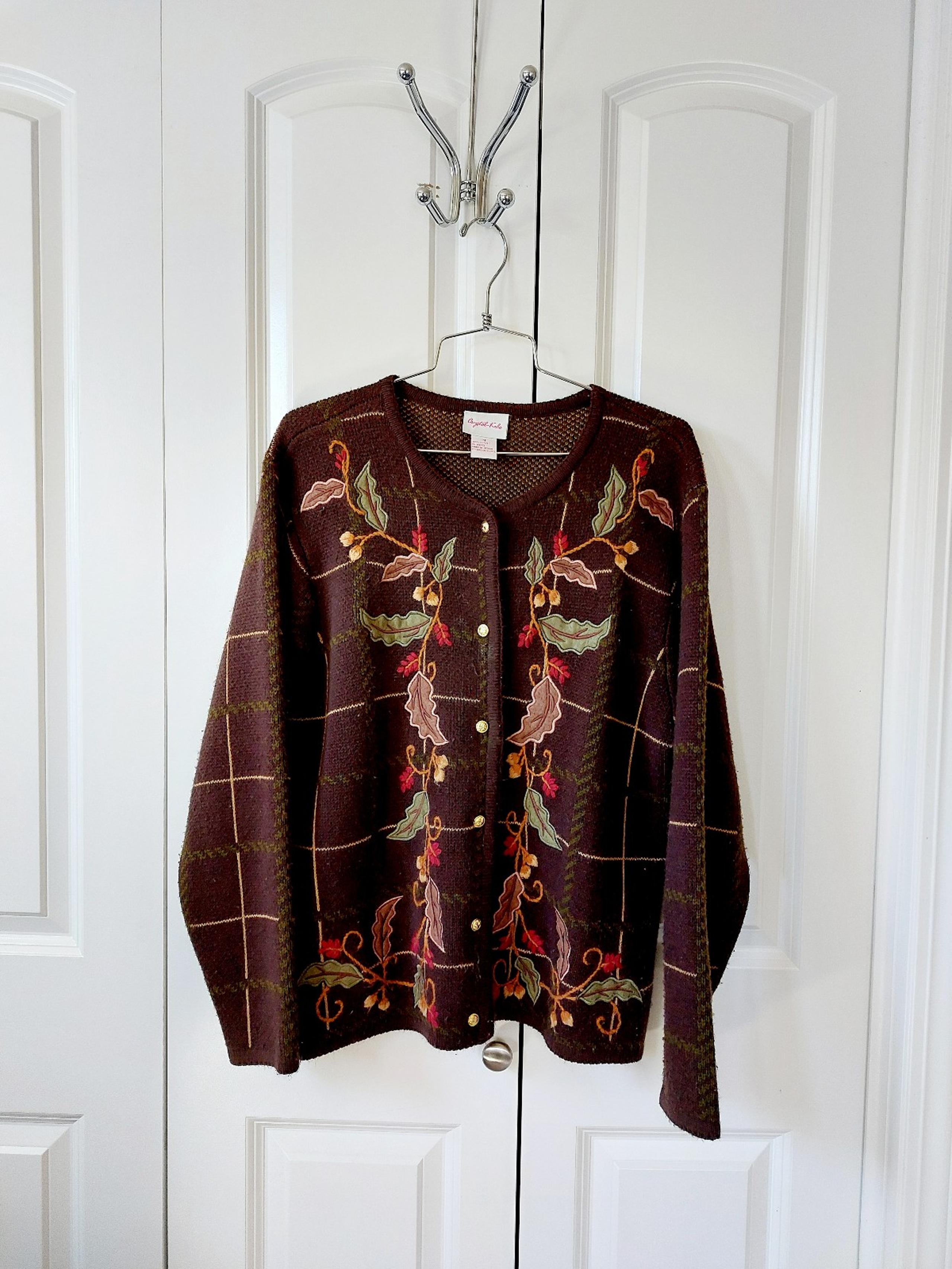 Autumn Leaf Cardigan Sweater size Medium Vintage Crystal Kobe Thanksgiving