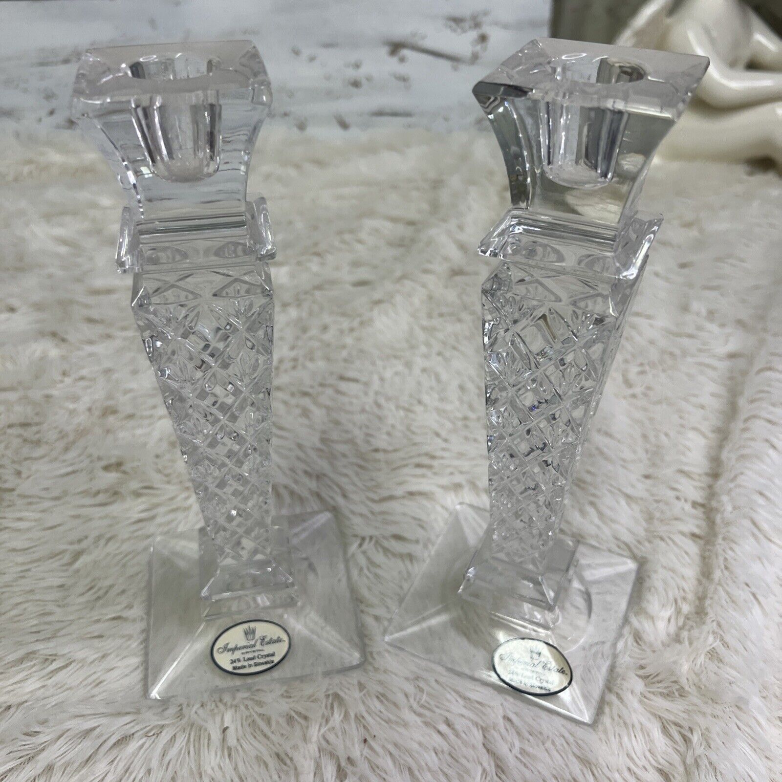 Imperial Estates 24% Lead Crystal Candlestick Holders 8.5 -Pair-Sign ed Stickers