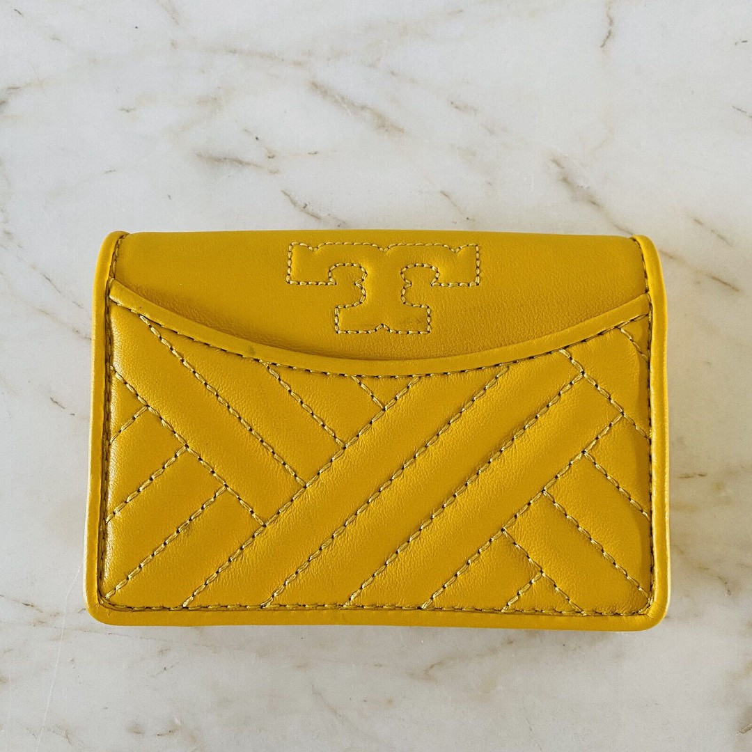 TORY BURCH Alexa Solid Yellow Soft Quilted Leather Flap Mini Wallet