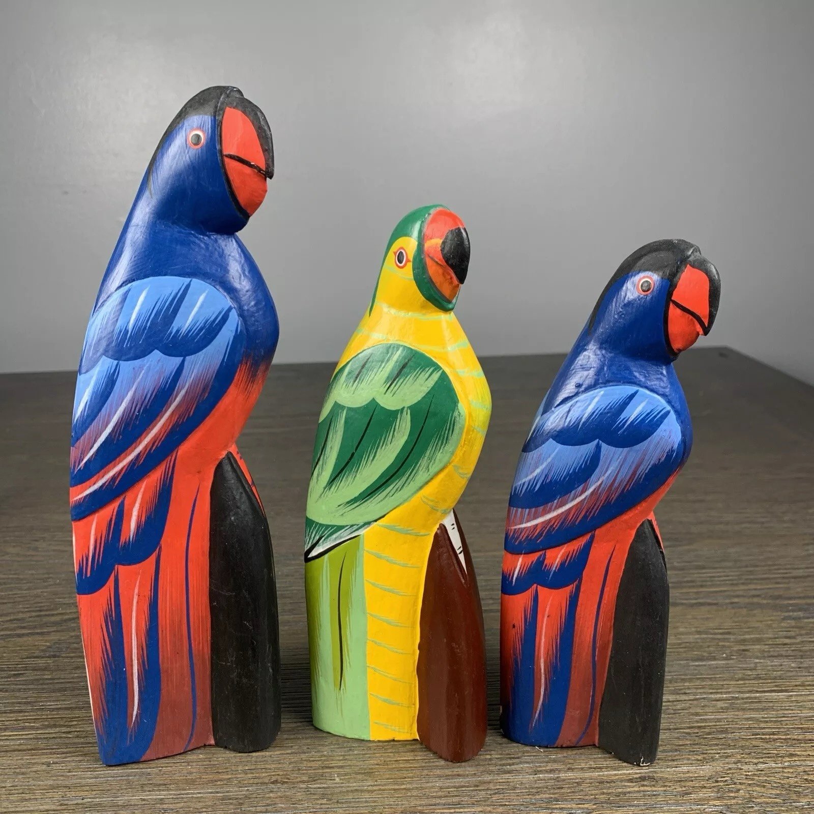 Lot of 3 Balsa Wood Colorful Parrot Figurines Vintage Hand Carved Hand Painted