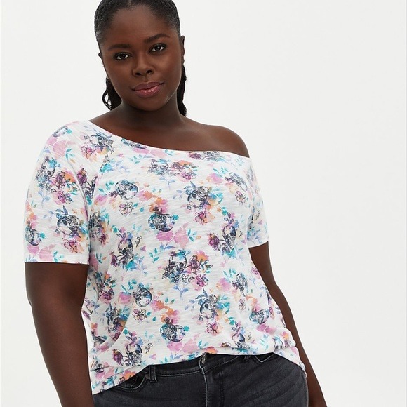 TORRID OFF SHOULDER TEE SUPER SOFT FLORAL SKULL SIZE 1
