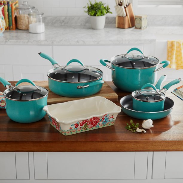 The Pioneer Woman Frontier Speckle Aluminum 10-Piece Cookware Set, Turquoise
