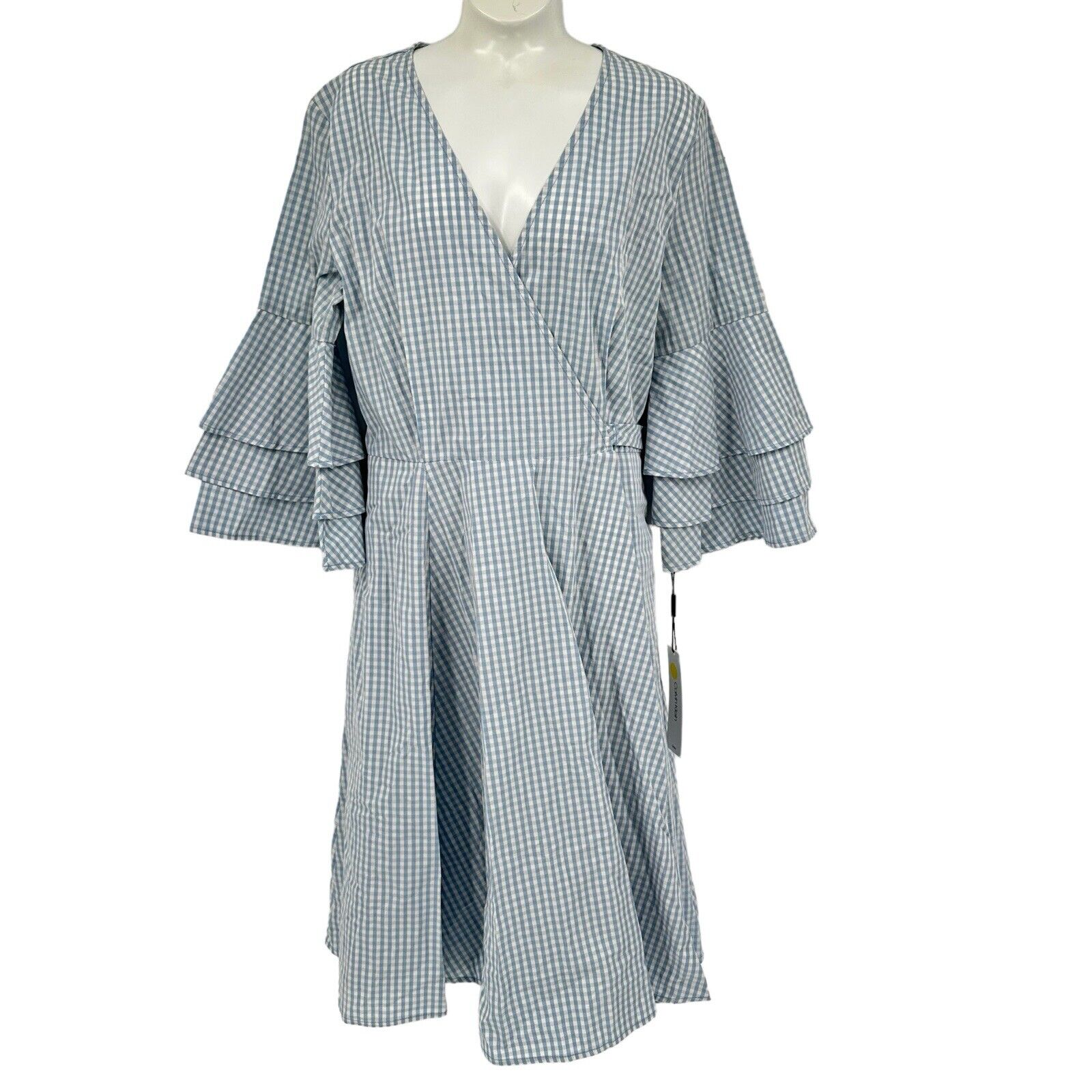 CALVIN KLEIN $118 Light Blue White Gingham Check True Midi Wrap Dress Size 4 NEW