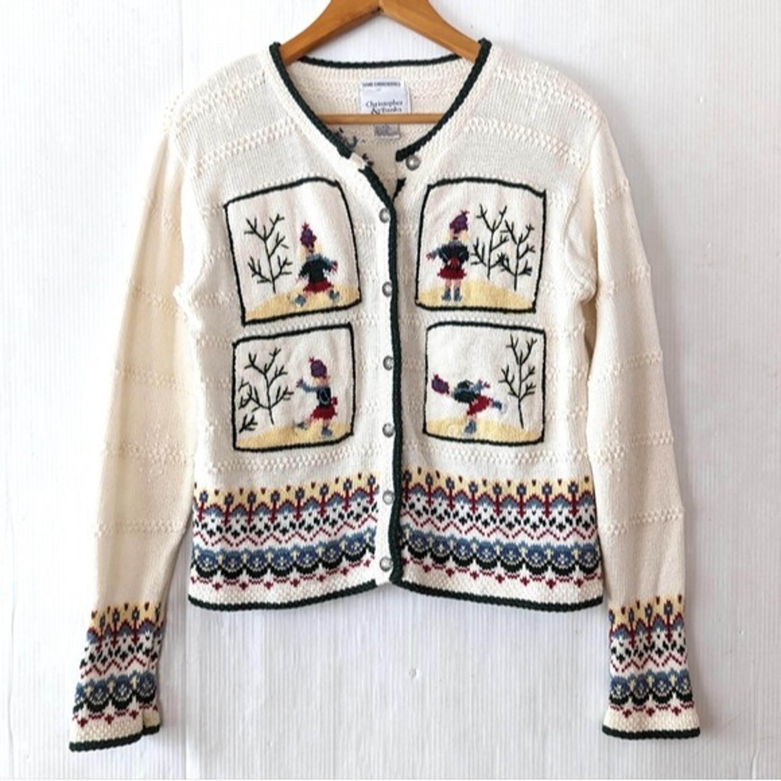VINTAGE hand embroidered fair isle skating girl ugly Christmas sweater cardigan