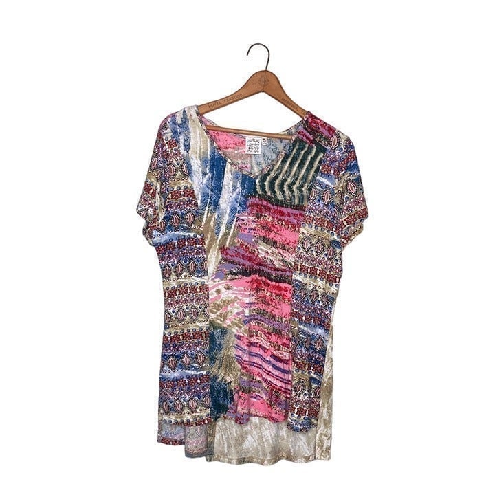 Parsley & Sage M Green Pink Blue Geo Patchwork Stretch Knit Jersey Tunic Top