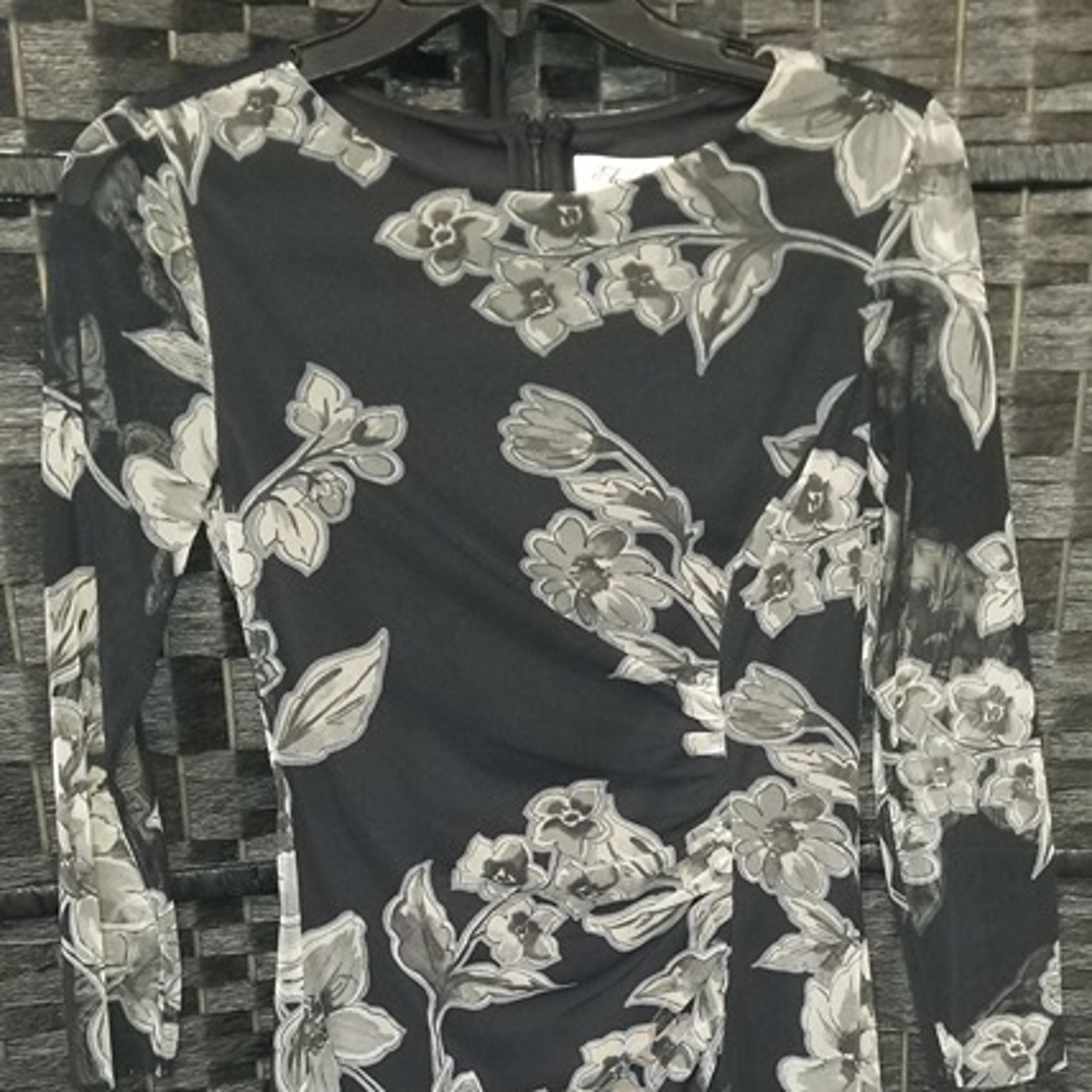 Eliza J Women's Black Floral-Print 3/4 Sleeve Ruched Mesh Sheath Dress Sz 2