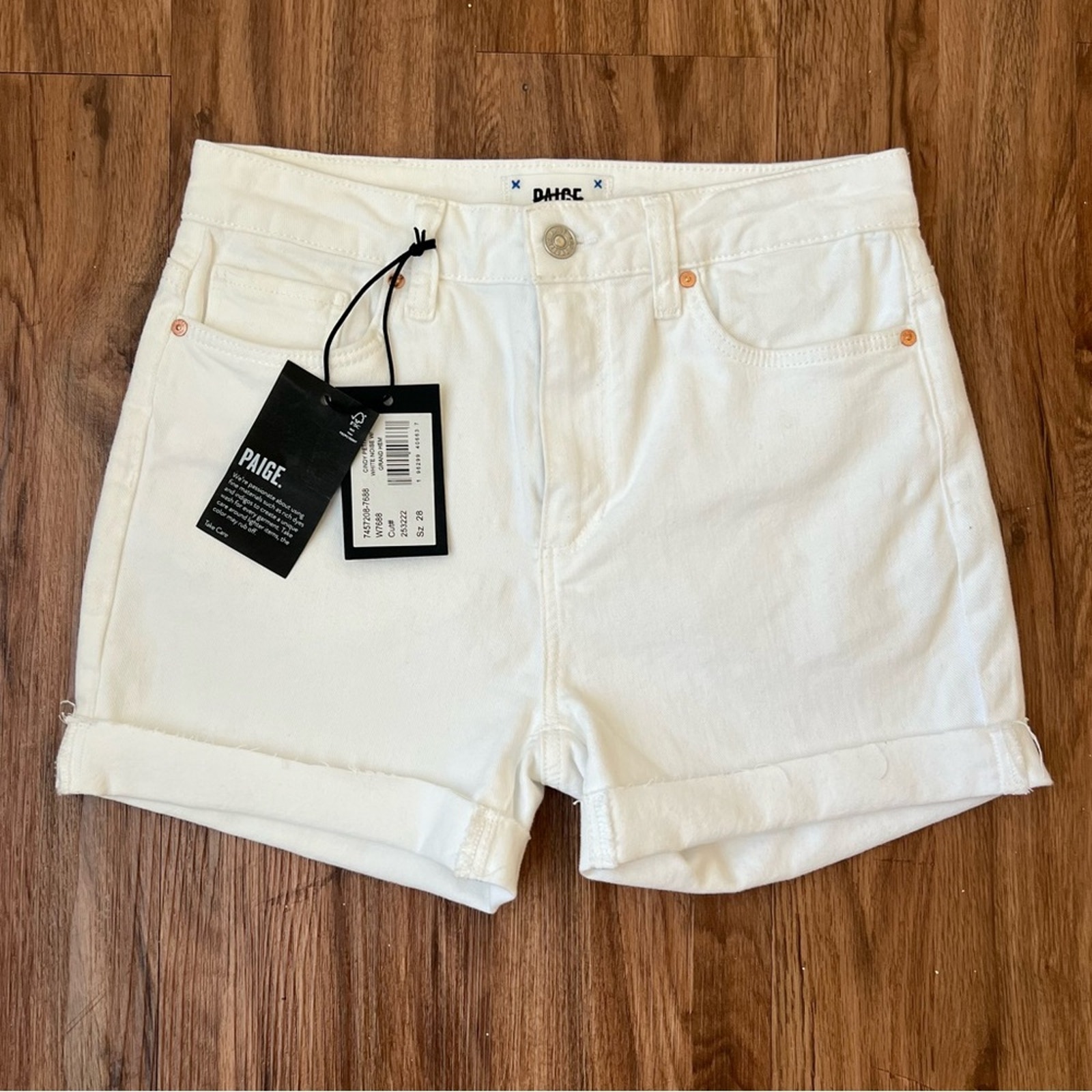 Paige Women’s Cindy Petite White Noise Denim Seersucker Pockets Grand Hem Shorts