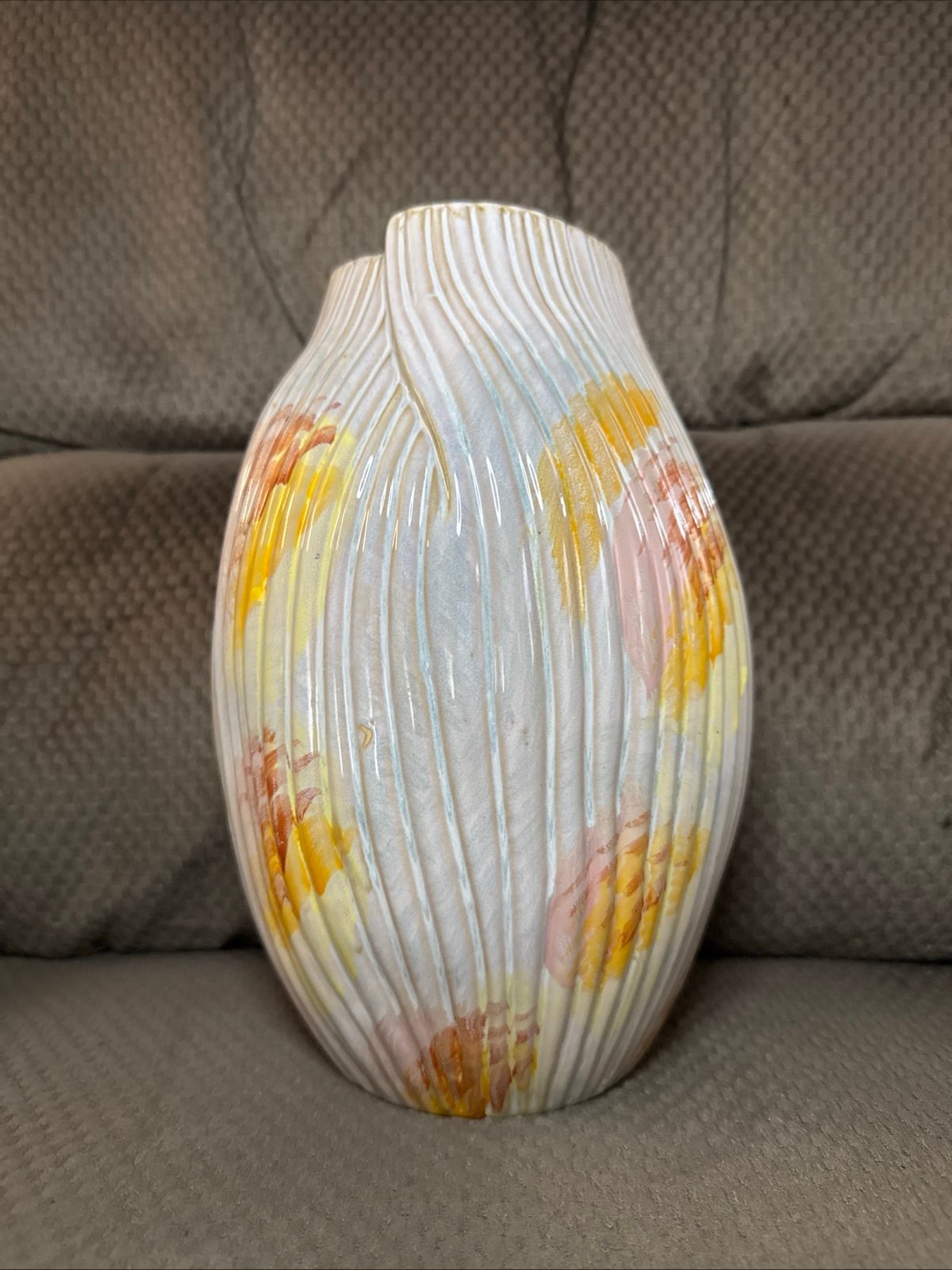 Anthropologie Floral Abstract Hand Painted Stoneware Ribbed Vase 11”