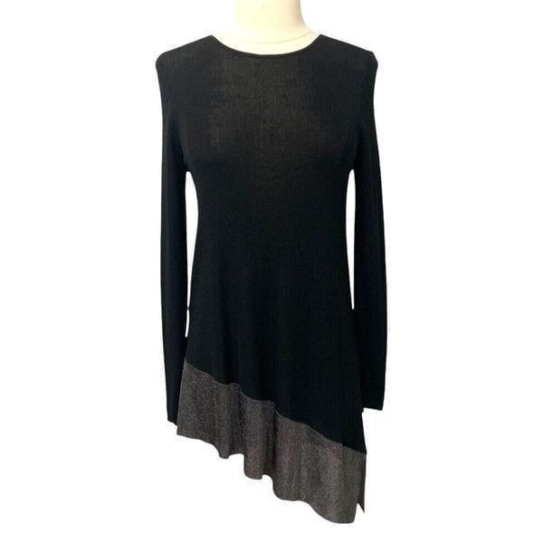 Eileen Fisher System Black Rayon Crinkle Tunic Silver Shimmer Asymmetric Size PS