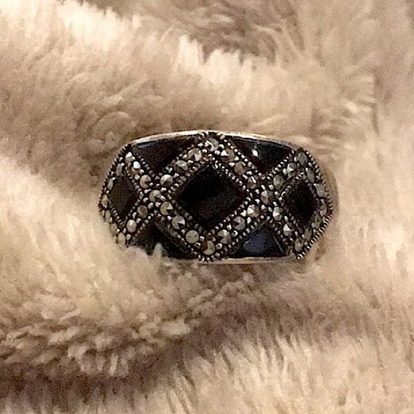Vintage Black Onyx Marcasite Sterling Silver Mosaic Inlay Ring Sz 9