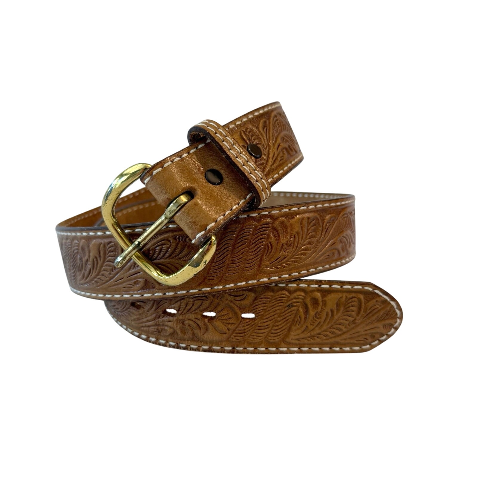 Justin Belt Size 40 Tooled Leather Contrast Stitching Removable Brass Buckle