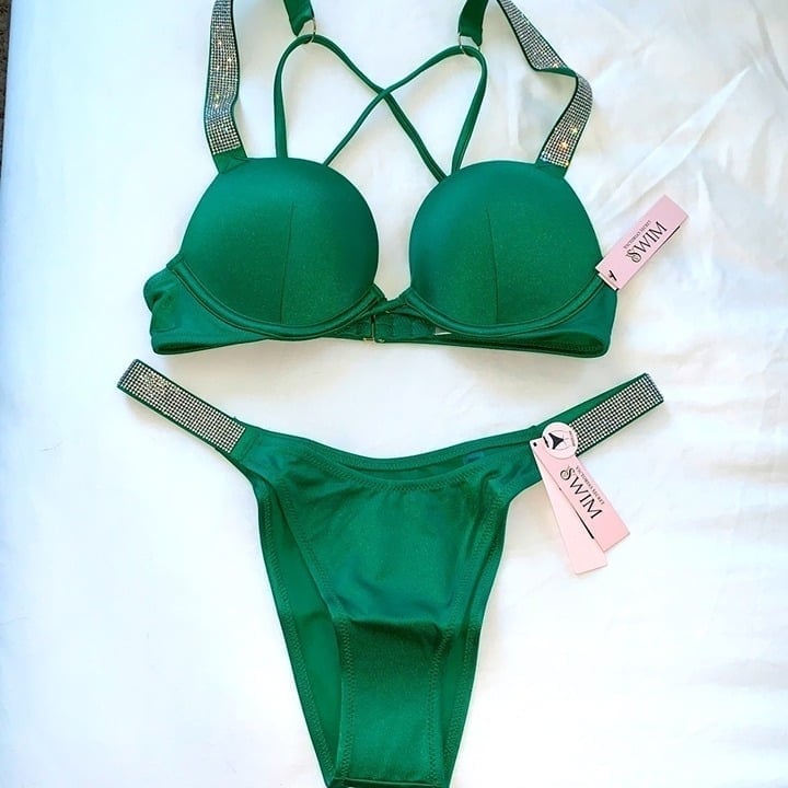 32AA + XS 2 Pc Set Victorias Secret BOMBSHELL BIKINI BOTTOM Shine Strap Swimsuit