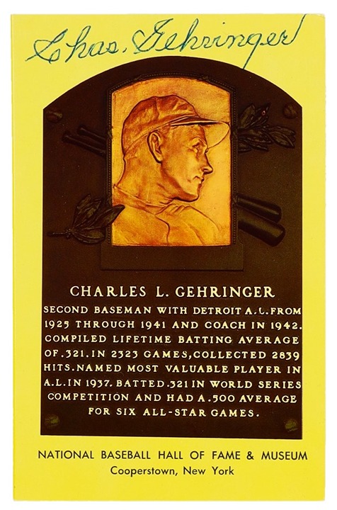 Charlie Gehringer Detroit Tigers Signed Hall Of Fame Plaque Postcard (JSA)