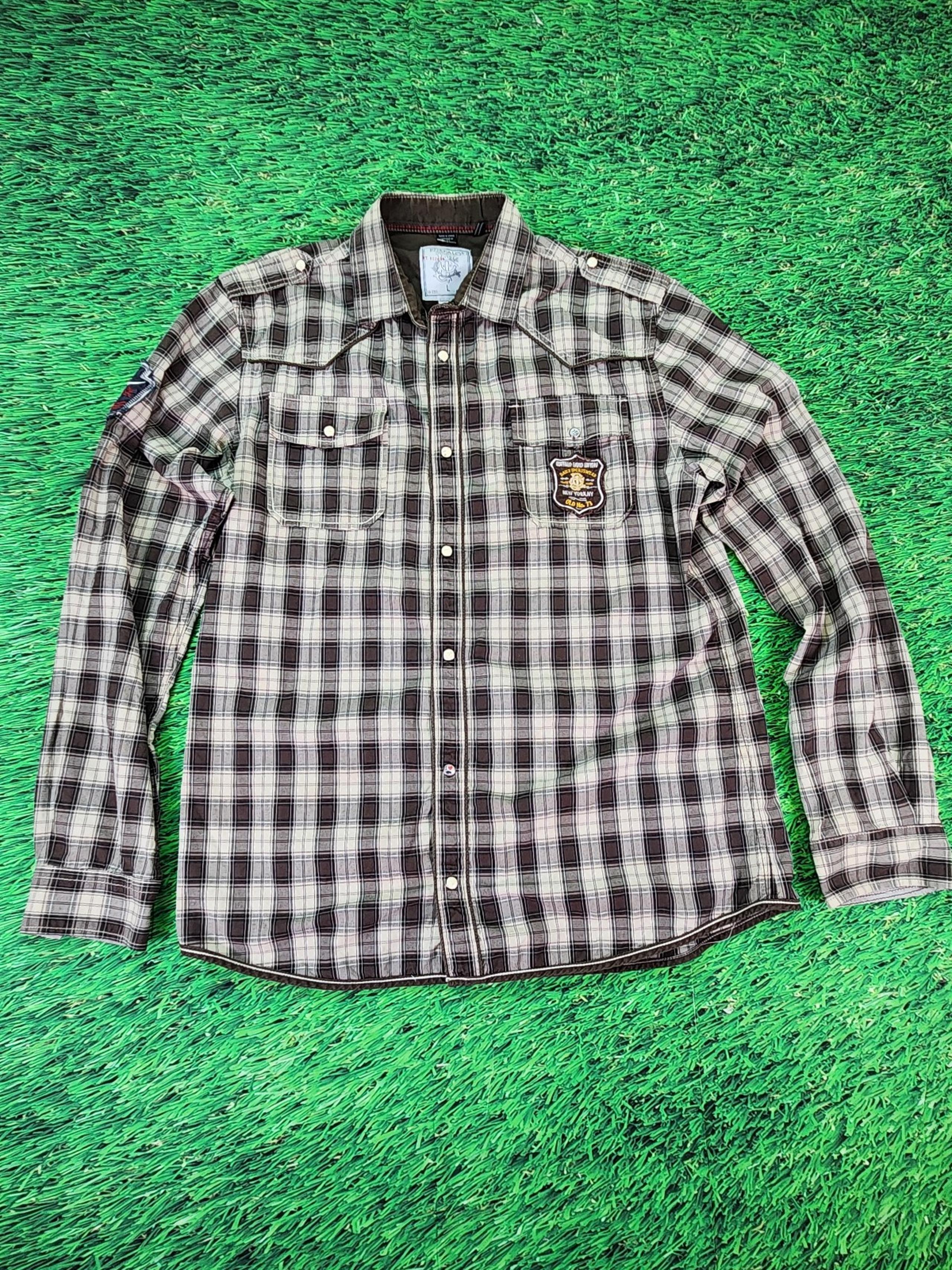 Buffalo David Bitton Mens Button-Up Long Sleeve Shirt Brown Plaid Pockets Large