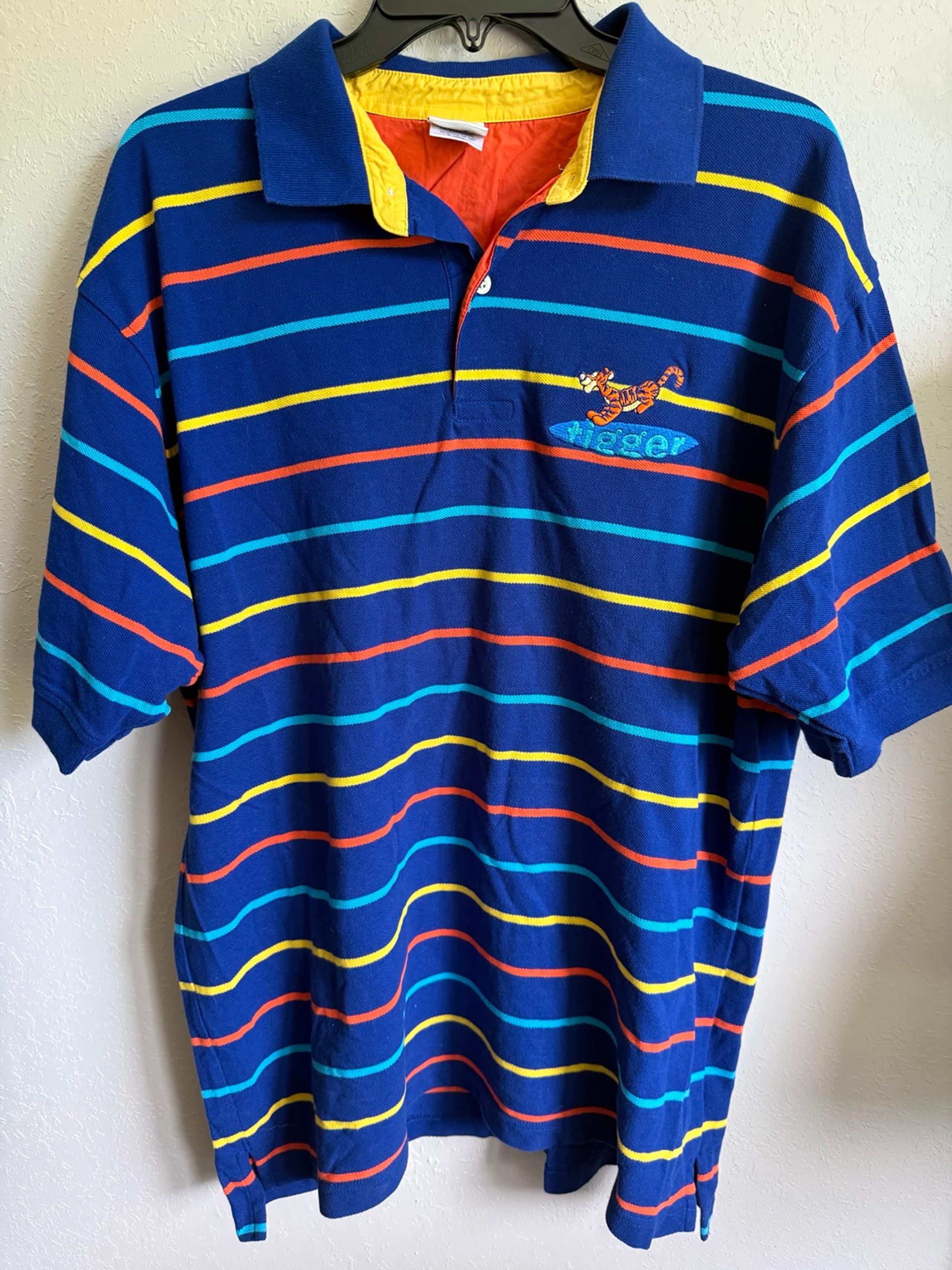 Men’s L The Disney Store Blue Striped Tigger Vintage/Retro Short Sleeve Polo