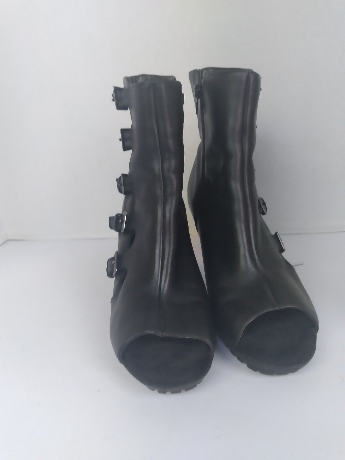 Open Toe Buckle Booties High Heel Ankle Boots Black Leather Look Size?