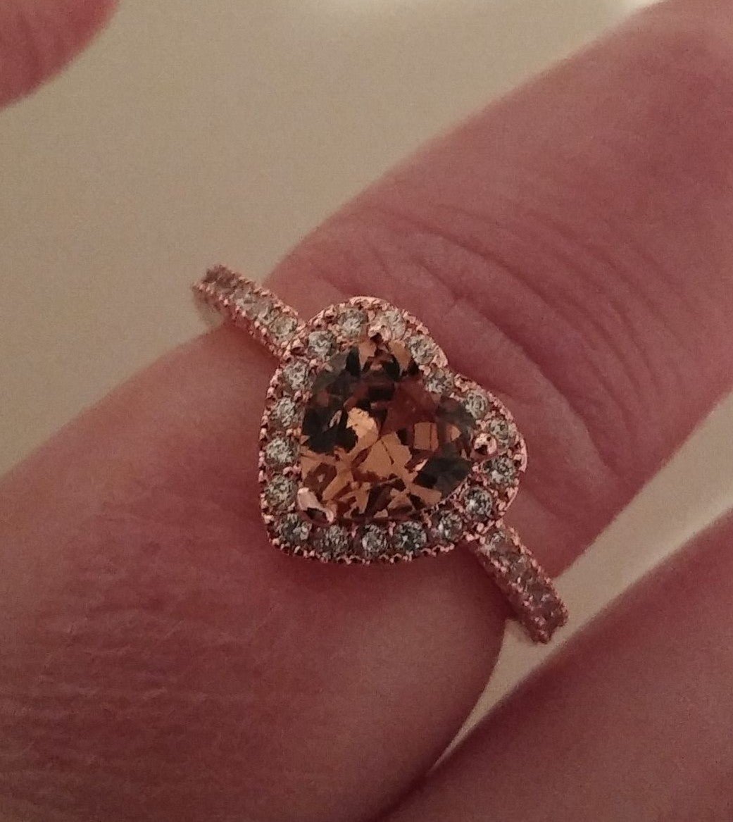 14k Rose Gold/Silver Morganite Heart Halo Ring sz 8