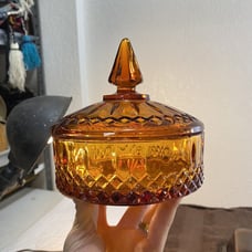 Vintage Indiana Amber Glass Candy Dish with Lid Diamond Princess Pattern 6