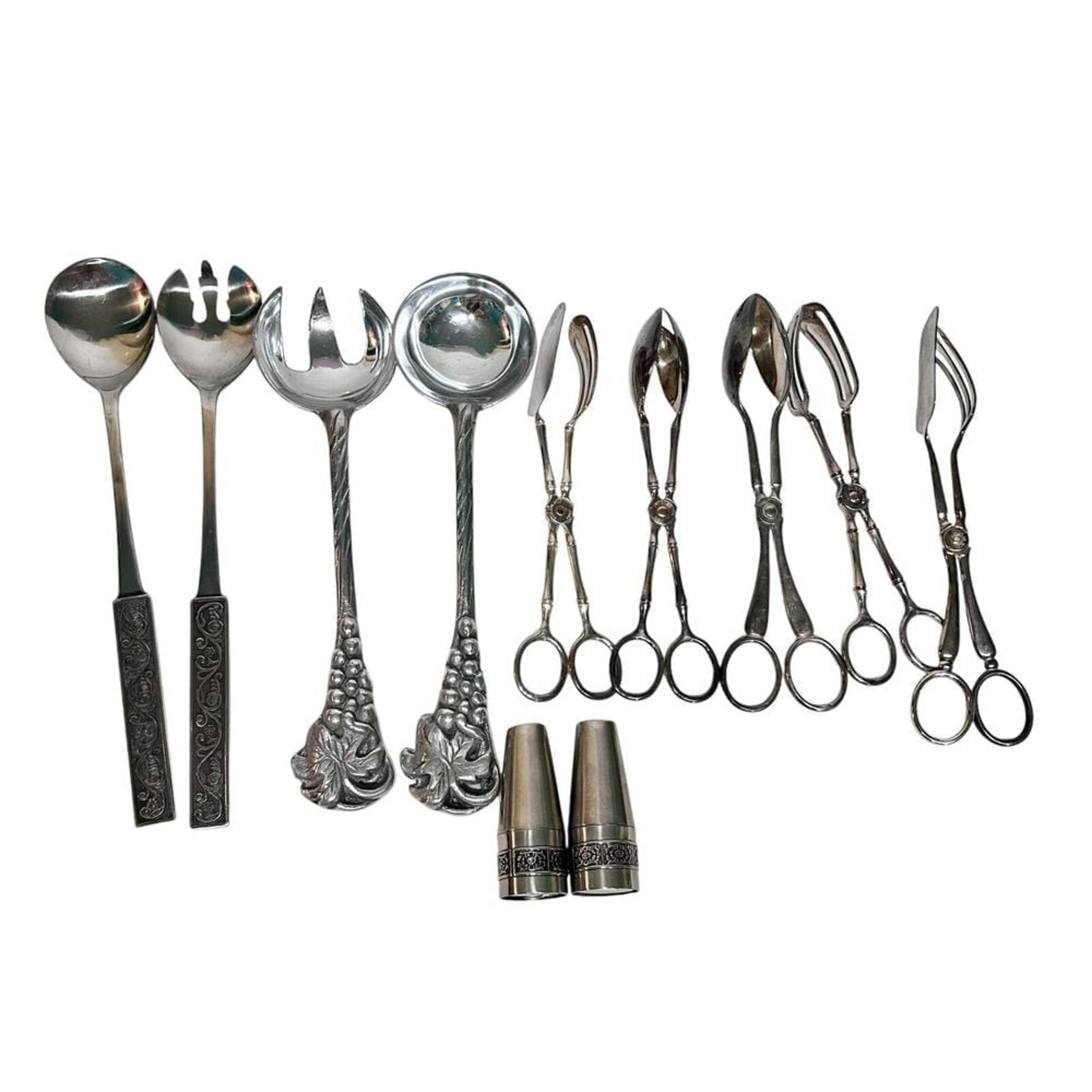 Vintage Silver Plated Italy China Scissor Spoon Fork Salad Server Utensils 11 Pc