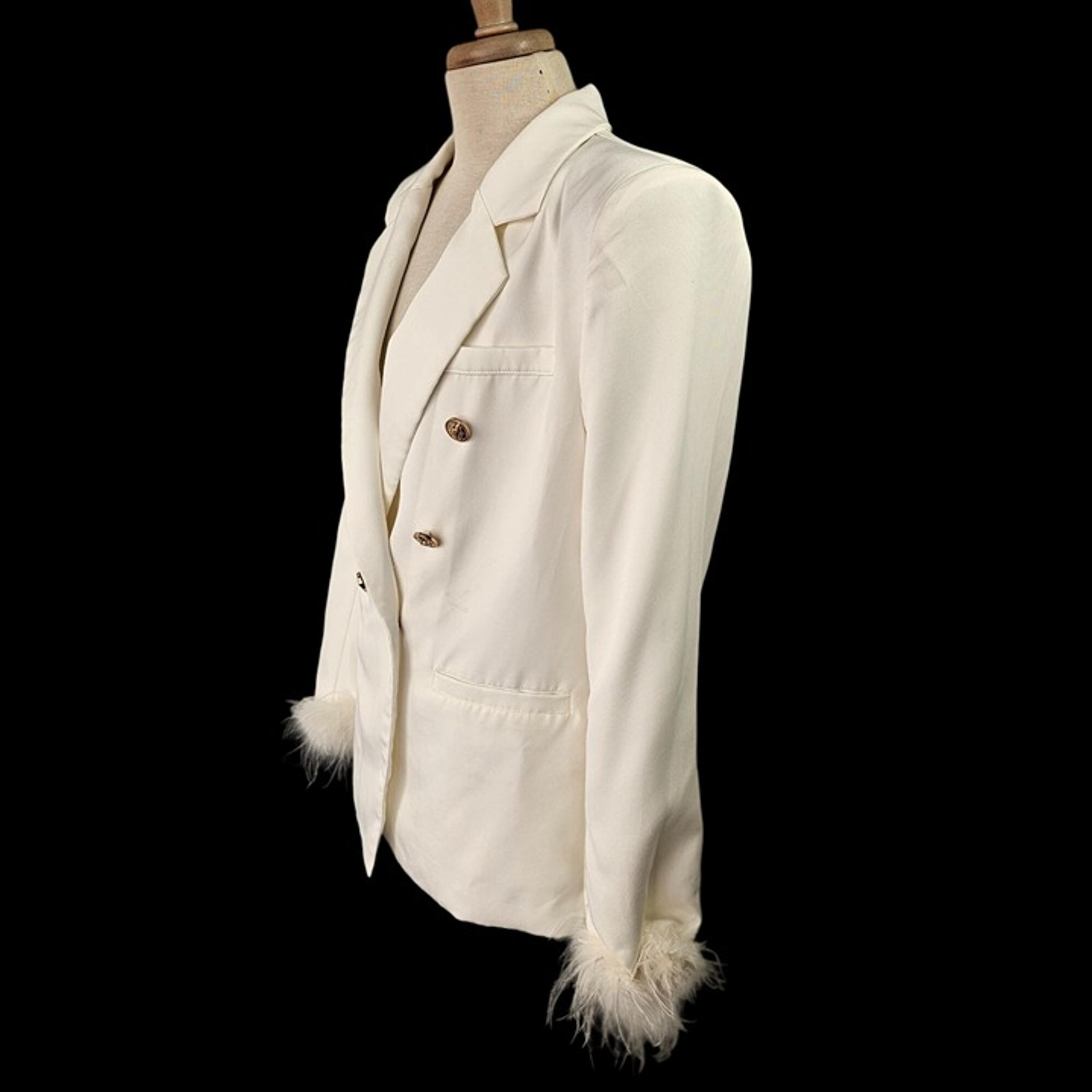 Shein Double Breast White Blazer Women Sz M Feather Cuff Lightweight Gold Button