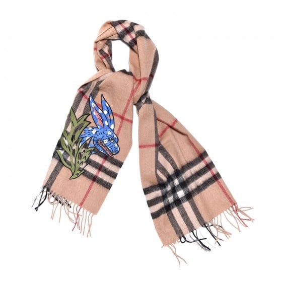 Burberry Cashmere Embroidered Oscar Giant Check Fringe Scarf Camel