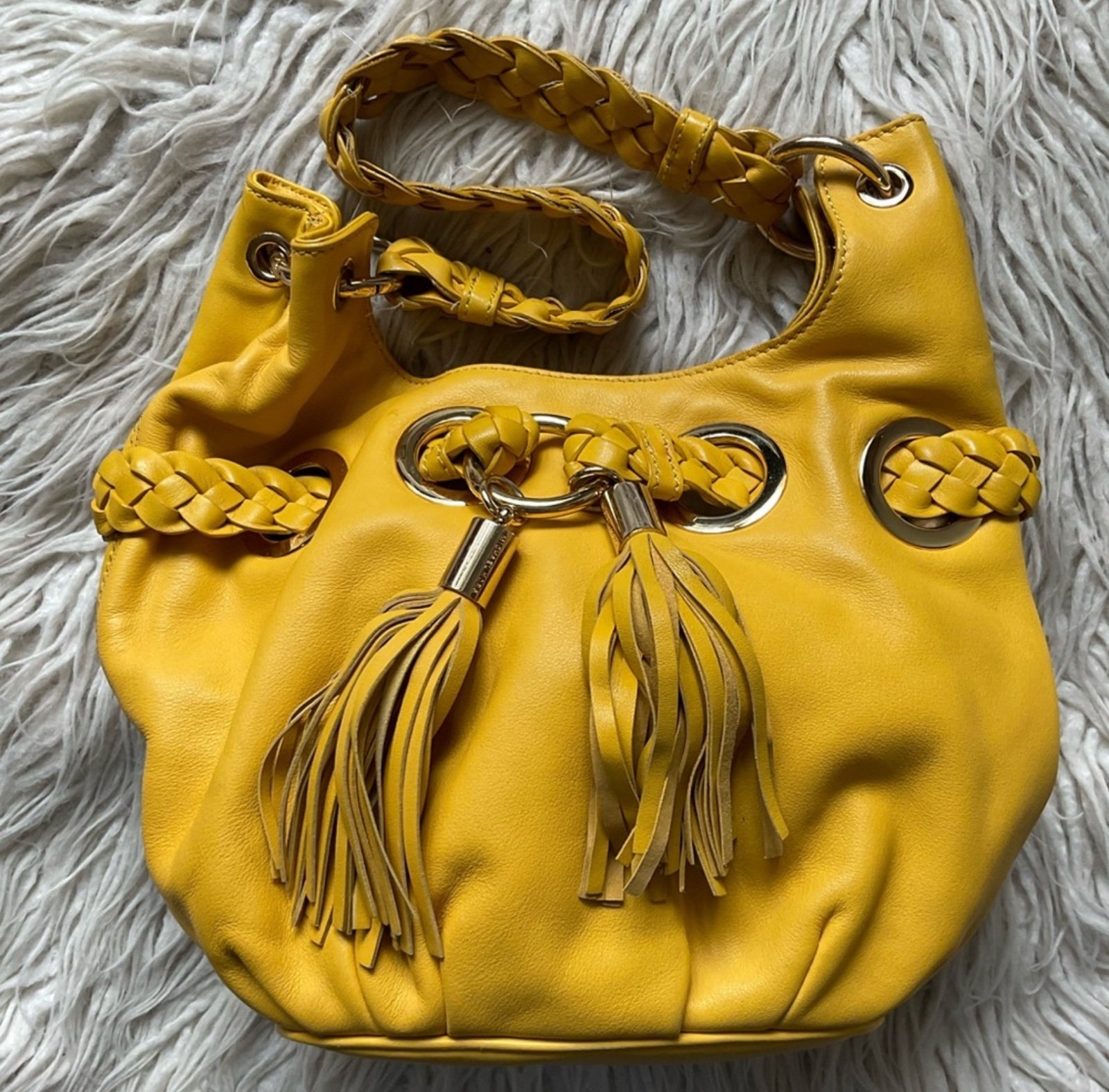 Michael Kors Yellow Leather Braided Tassel Grommet Accent Bucket Shoulder Bag OS