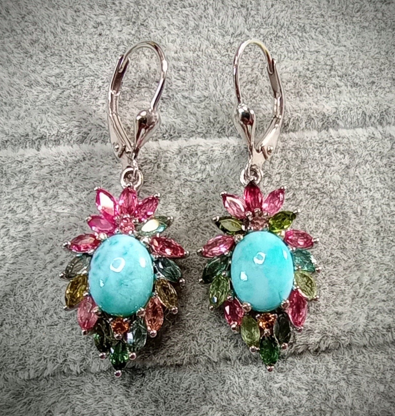 Genuine Larimar & Tourmaline Lever Back Sterling Silver Earrings