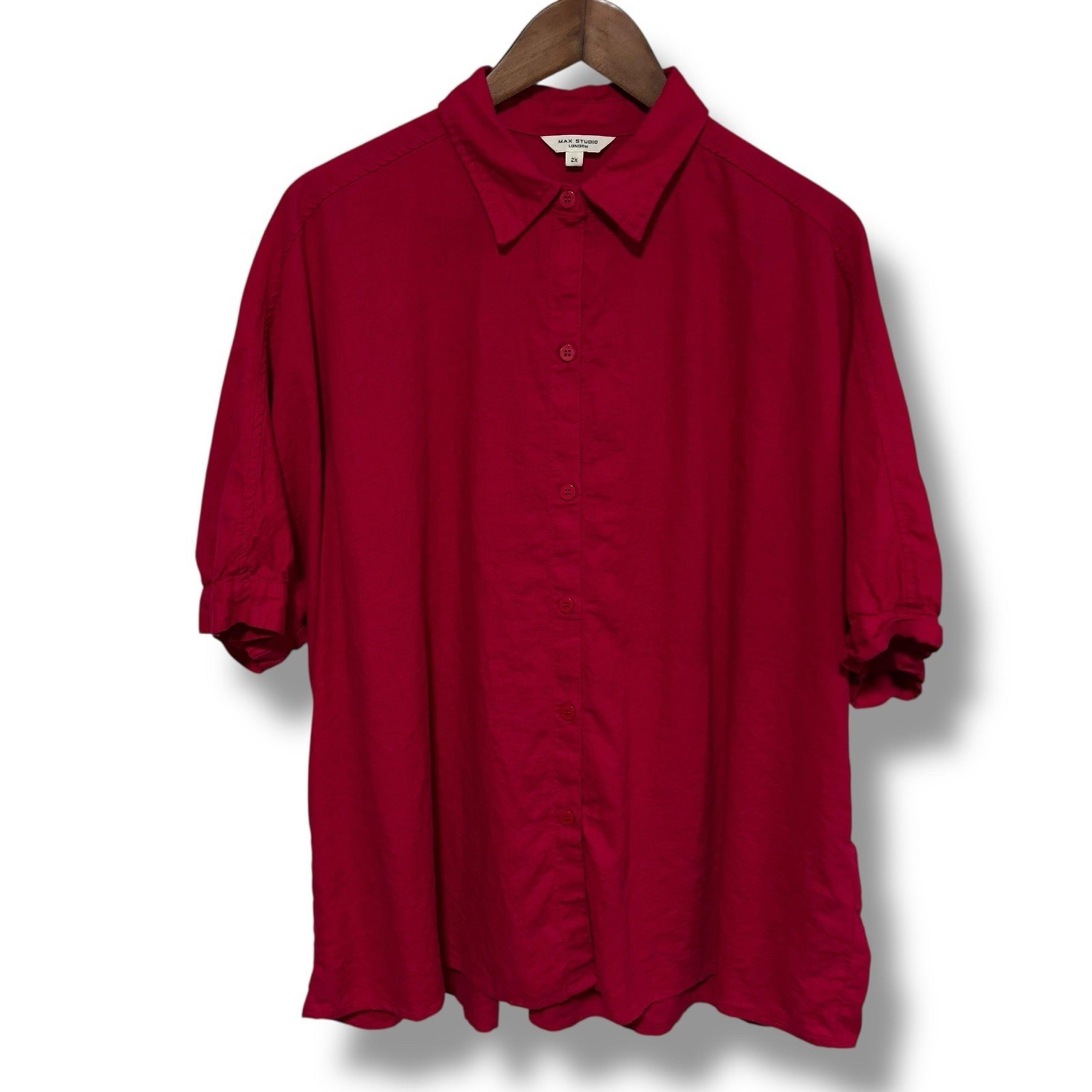 Max Studio London Women's Linen Blend Short Sleeve Button Down Shirt Pink 2X