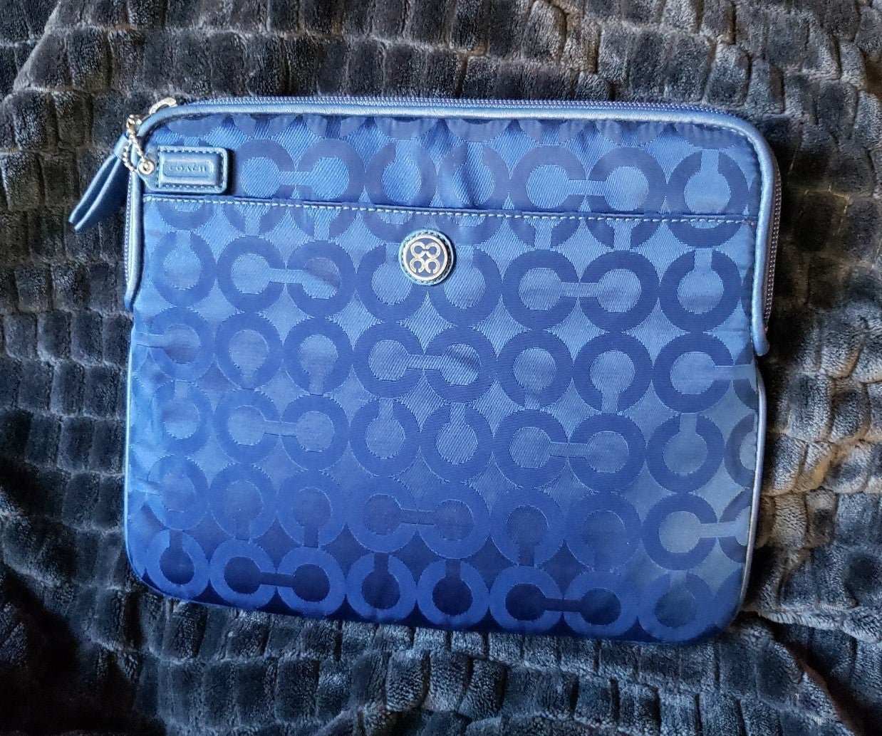 COACH Monogram Blue Sateen Op Art Tablet Zip-Up Travel Case