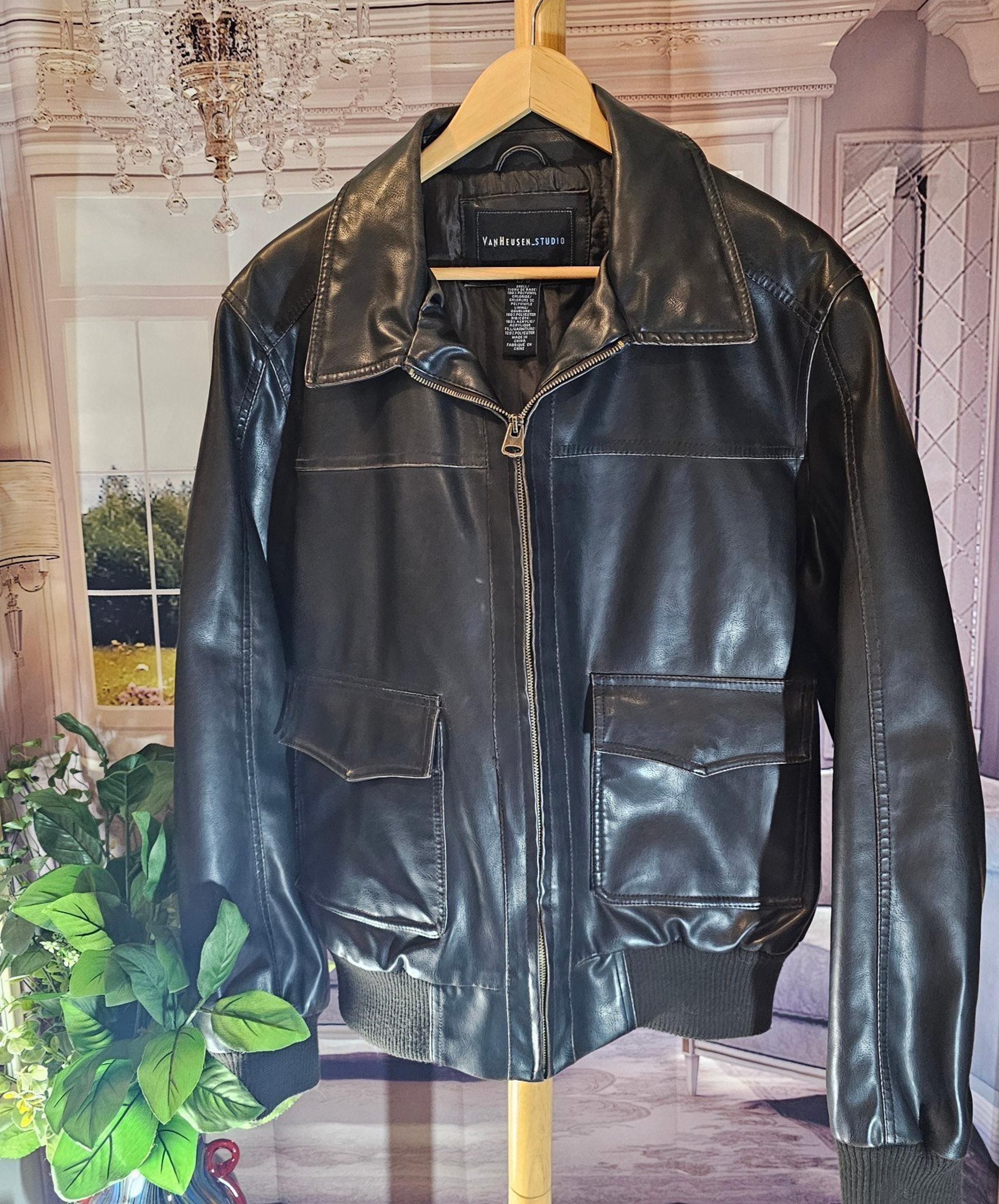 Van Heusen Studio Mens Faux Leather Bomber Jacket in Black Size Large