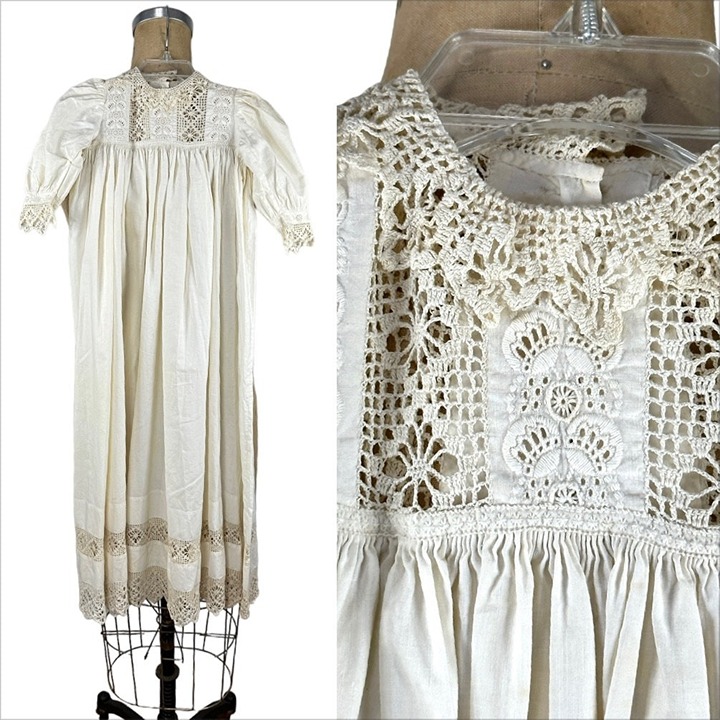 Antique infant christening baptism gown with crocheted lace
