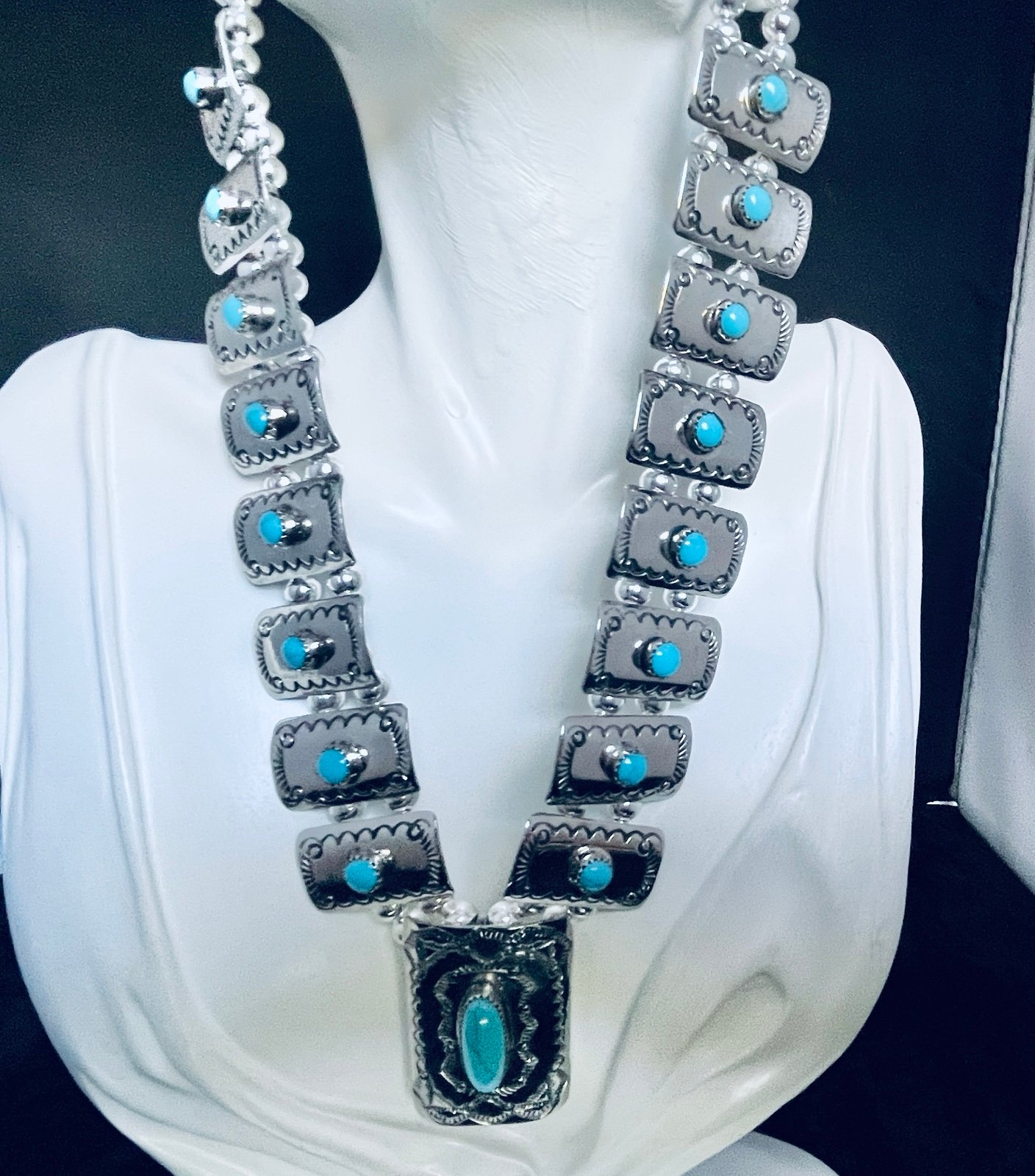 Navajo Turquoise Squash Blossom Necklace #376 signed