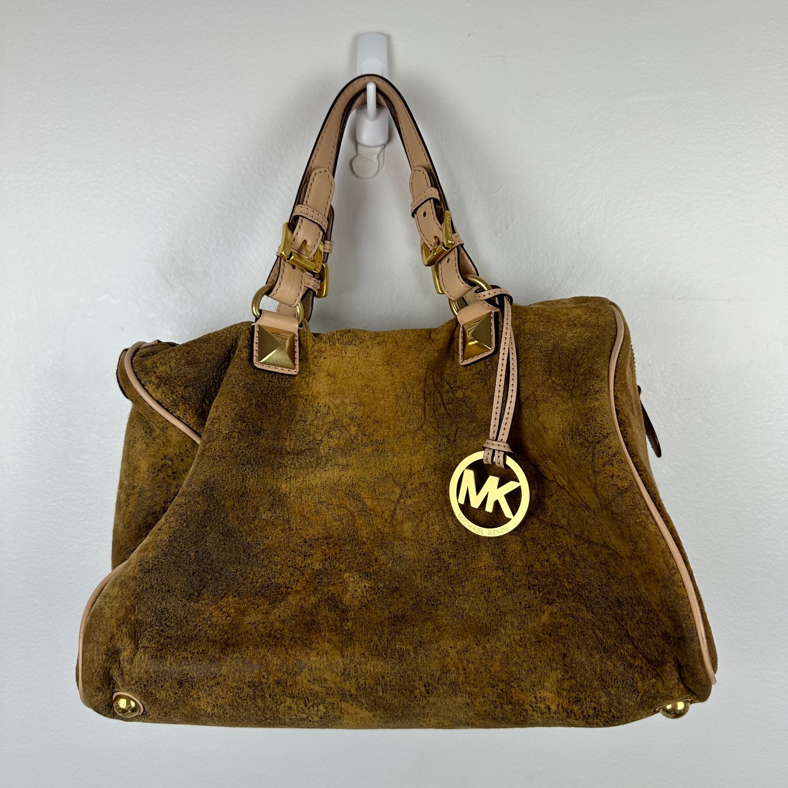 Michael Kors Womens MK Logo Distressed Burnt Gold/Brown Satchel Shoulder Bag