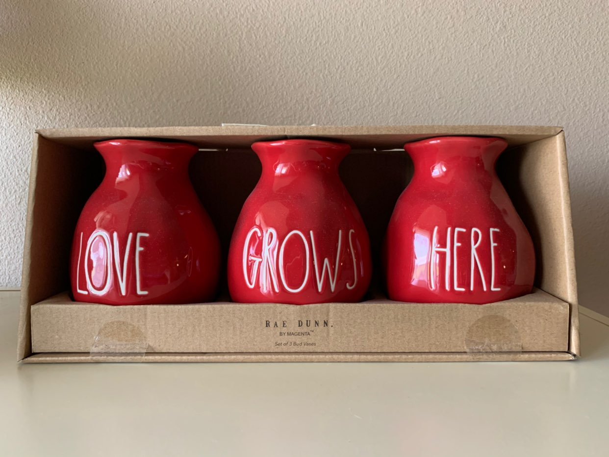 Rae Dunn red LOVE GROWS HERE bud vases